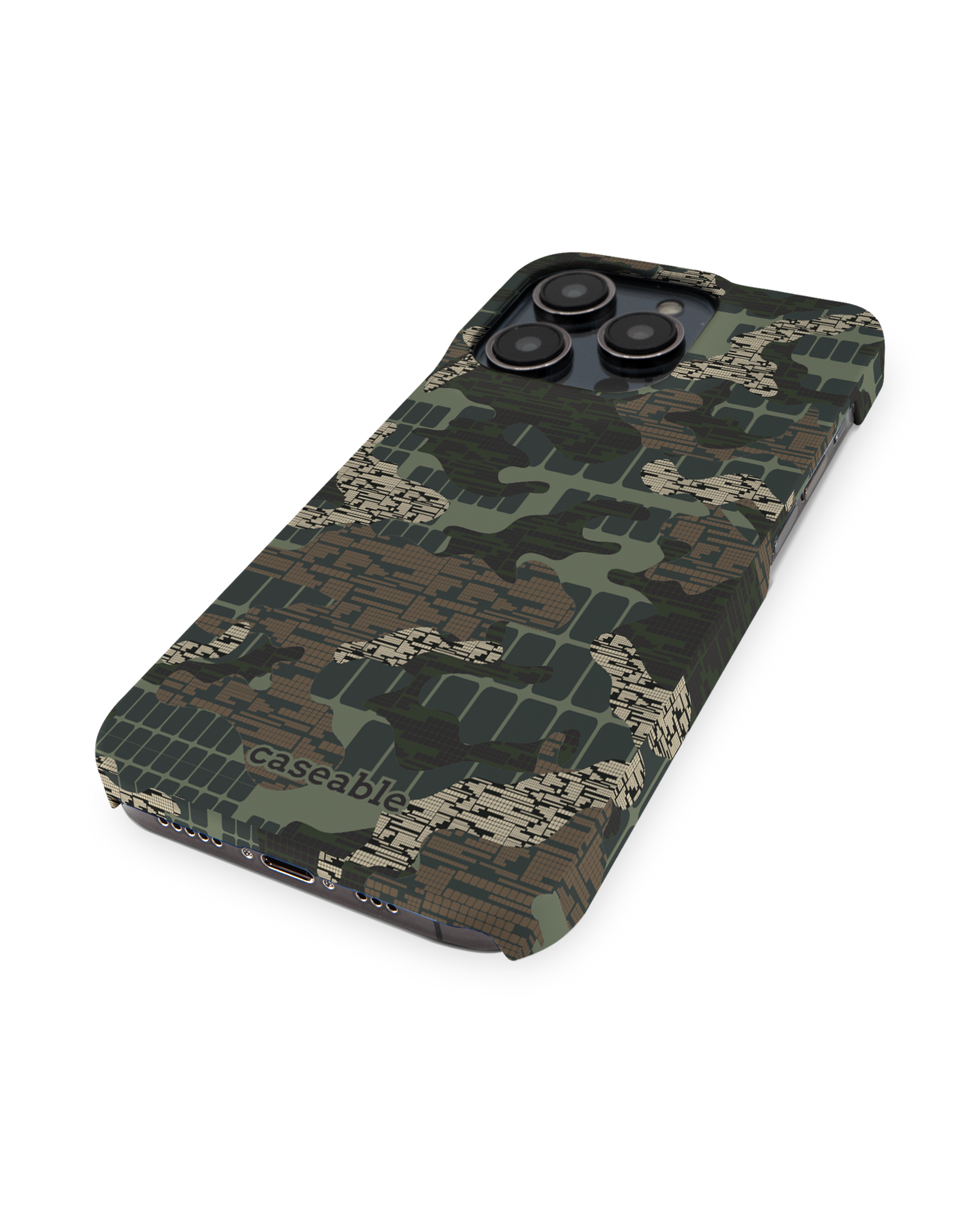 Green Camo Mix Hard Shell Phone Case for Apple iPhone 14 Pro: Perspective view
