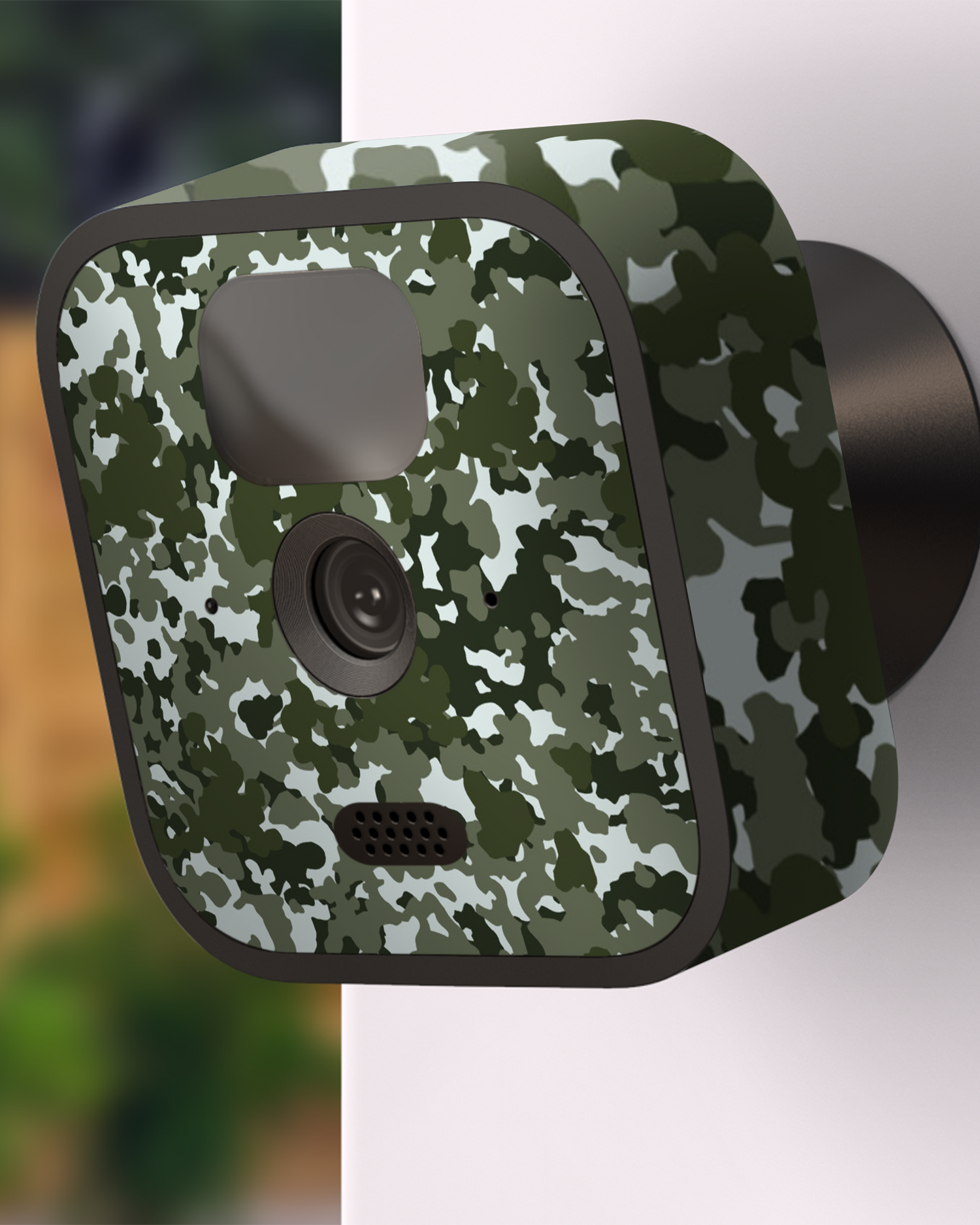 Speckled Green Camo Camera Skin Blink Outdoor (2020) attached to exterior wall
