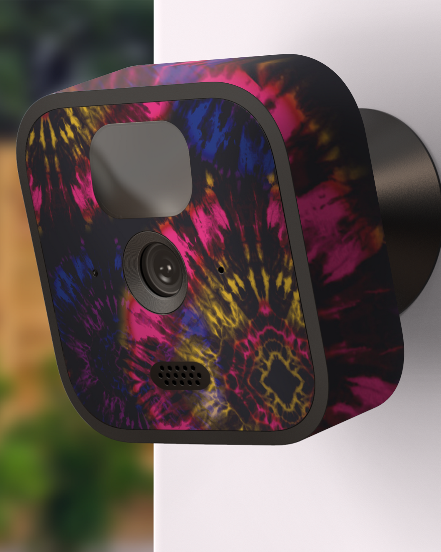 Bleach Tie Dye Camera Skin Blink Outdoor (2020) attached to exterior wall