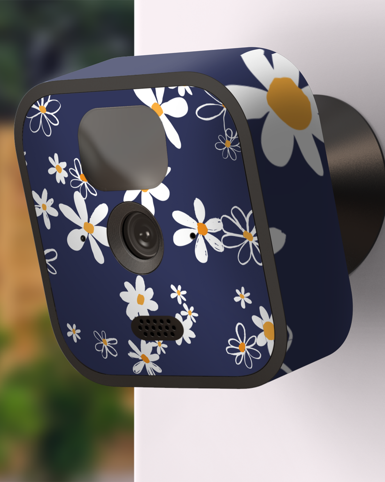 Navy Daisies Camera Skin Blink Outdoor (2020) attached to exterior wall