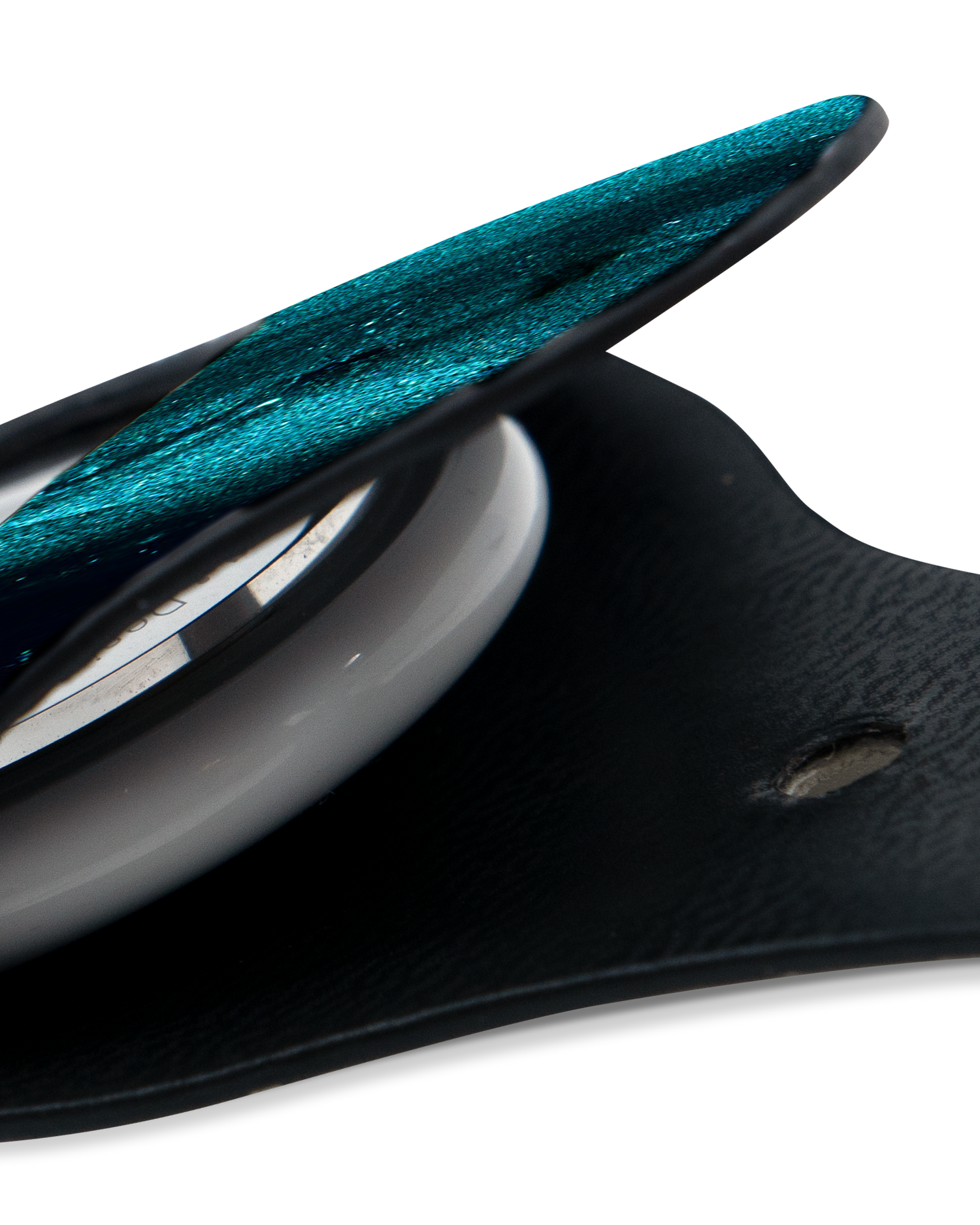 Close-Up: AirTag Holder with Deep Turquoise Sparkle Design
