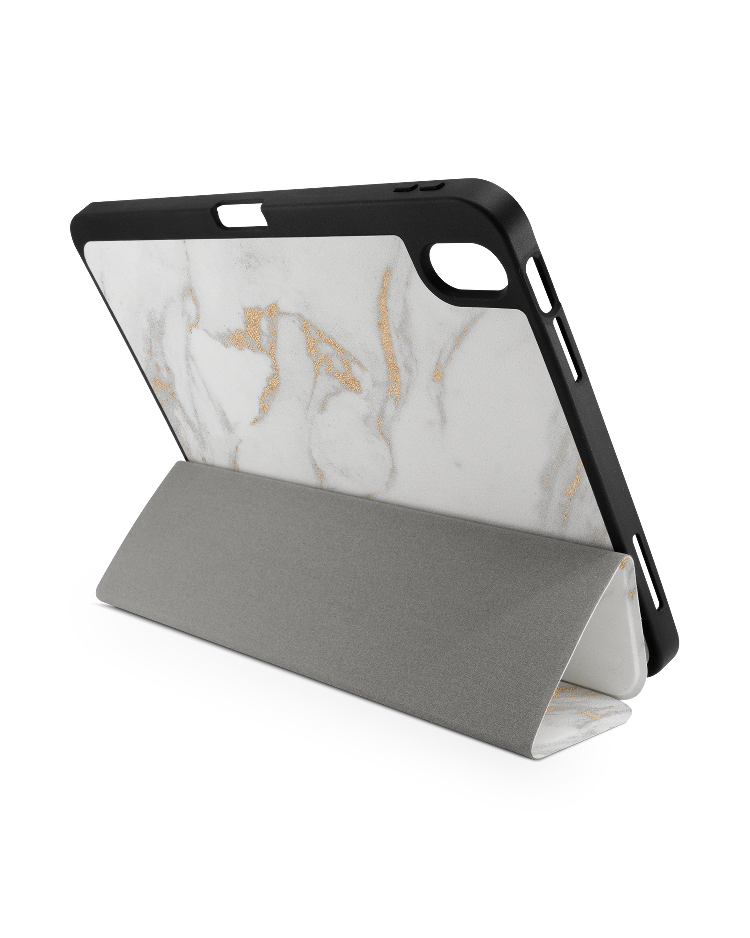 Gold Marble Elegance iPad Case with Pencil Holder for Apple iPad (10th Generation): Set up in landscape format (back view)