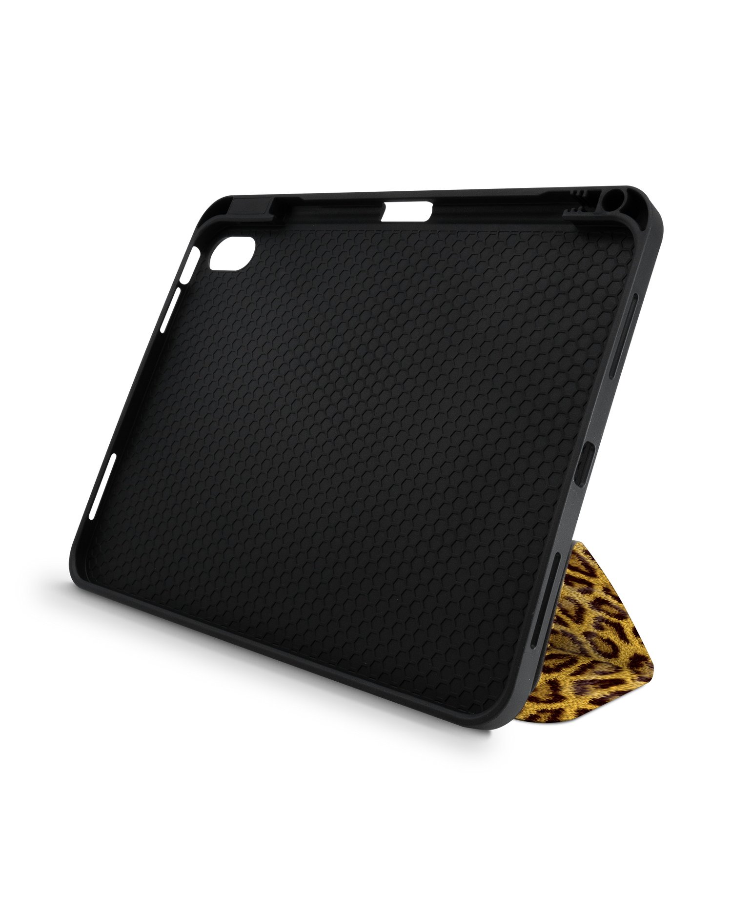 Leopard Skin iPad Case with Pencil Holder for Apple iPad (10th Generation): Set up in landscape format (front view)
