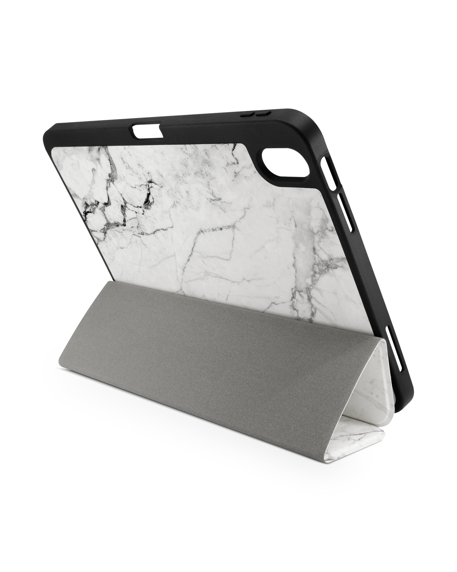 White Marble iPad Case with Pencil Holder for Apple iPad (10th Generation): Set up in landscape format (back view)