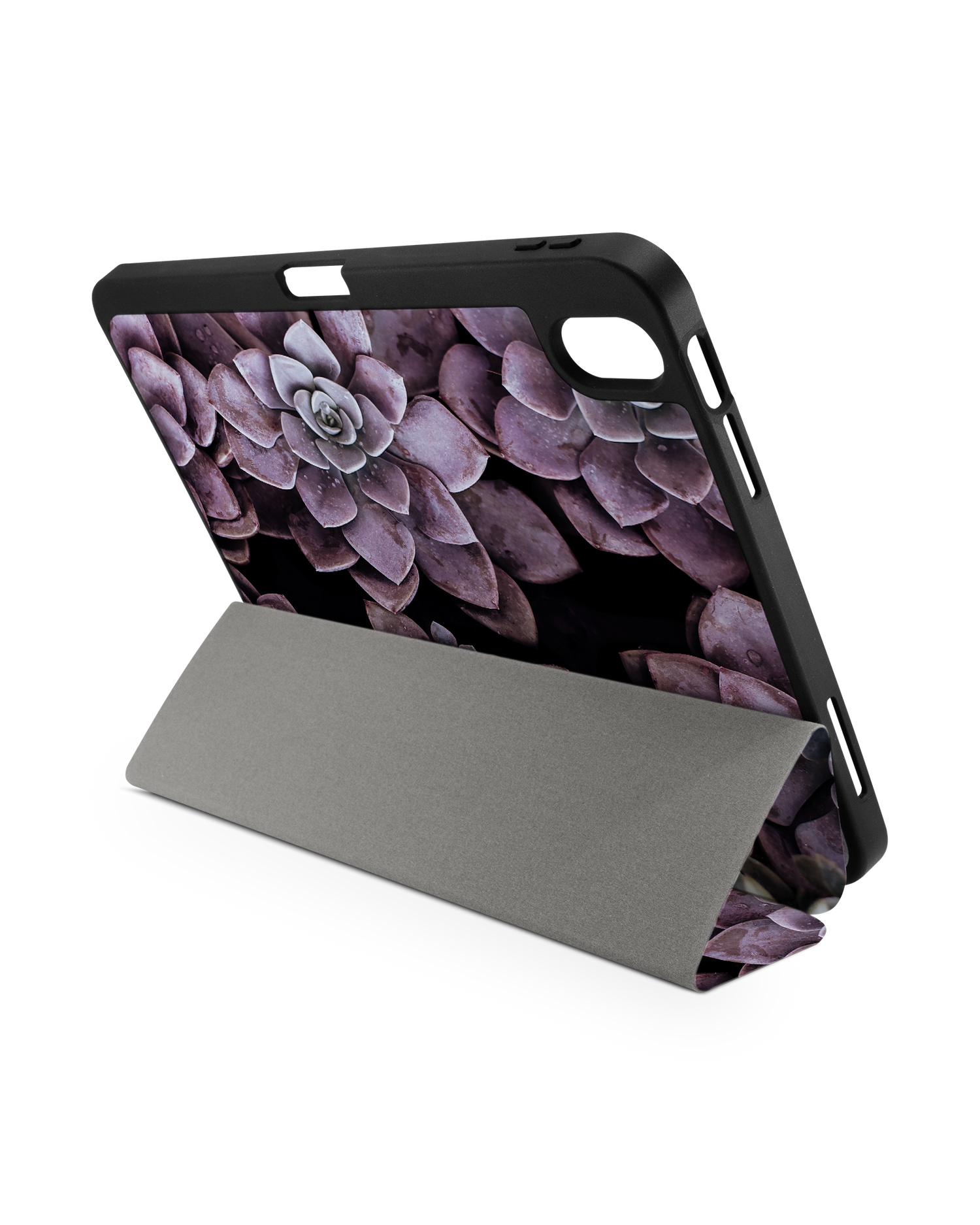 Purple Succulents iPad Case with Pencil Holder for Apple iPad (10th Generation): Set up in landscape format (back view)