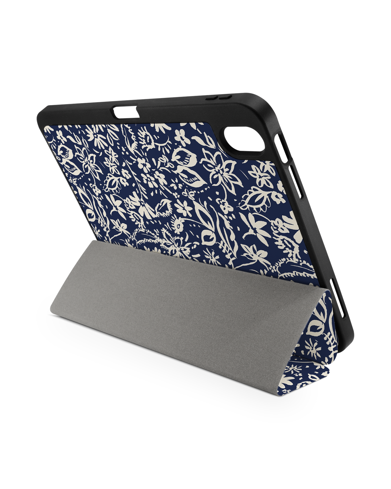 Ditsy Blue Paisley iPad Case with Pencil Holder for Apple iPad (10th Generation): Set up in landscape format (back view)