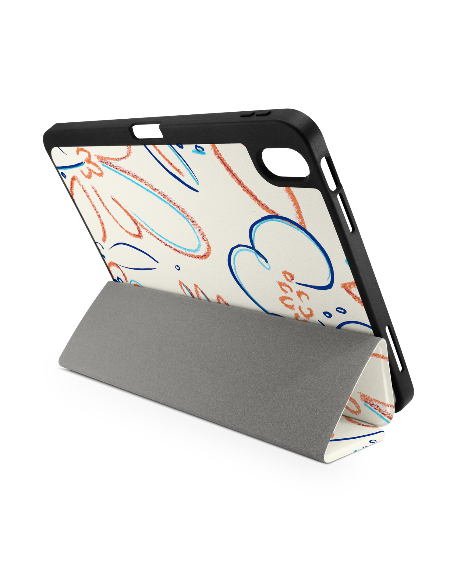 Bloom Doodles iPad Case with Pencil Holder for Apple iPad (10th Generation): Set up in landscape format (back view)