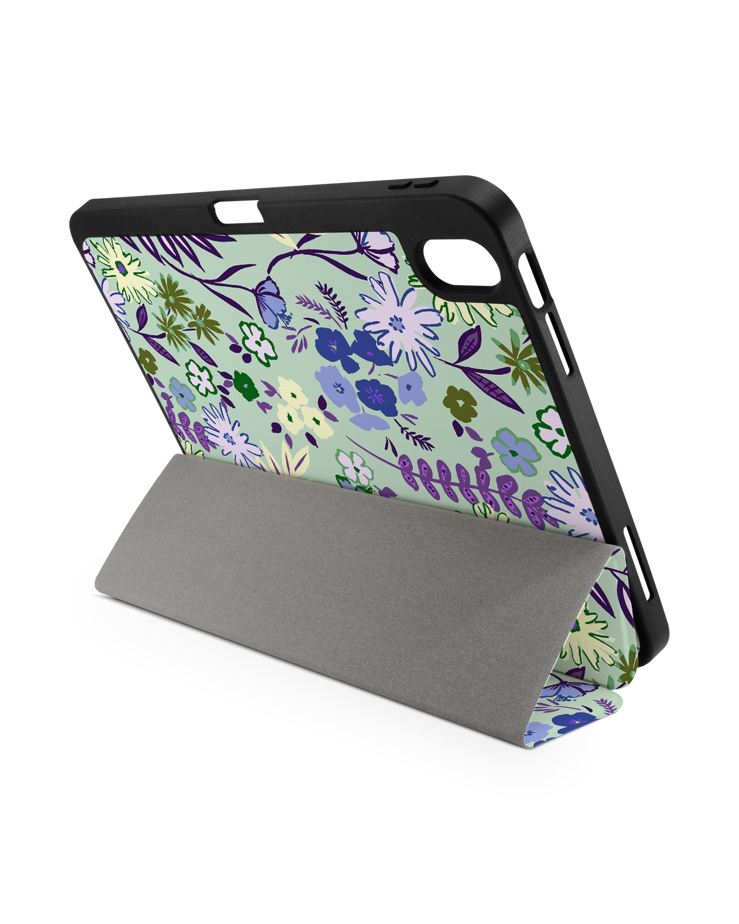 Pretty Purple Flowers iPad Case with Pencil Holder for Apple iPad (10th Generation): Set up in landscape format (back view)