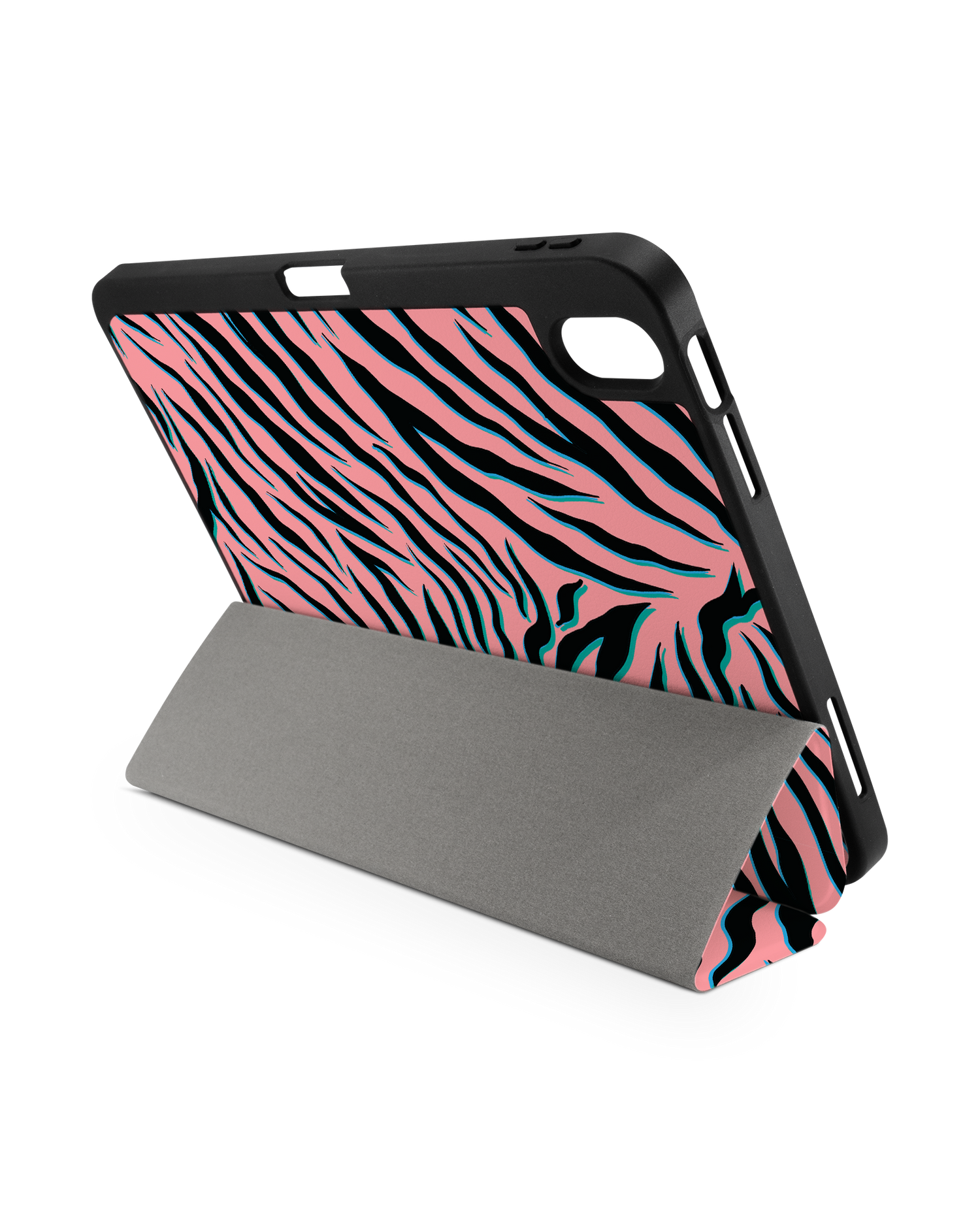 Pink Zebra iPad Case with Pencil Holder for Apple iPad (10th Generation): Set up in landscape format (back view)