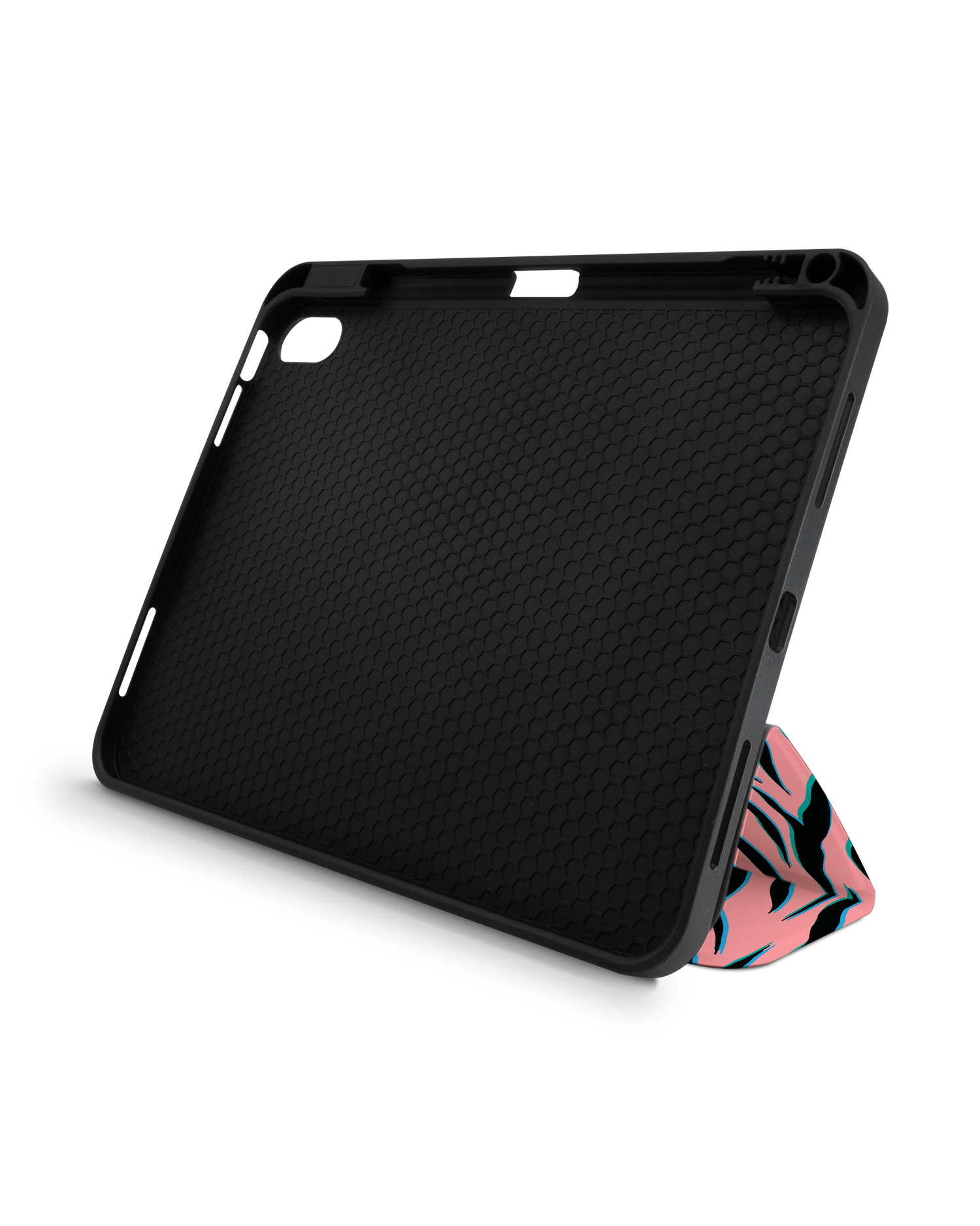 Pink Zebra iPad Case with Pencil Holder for Apple iPad (10th Generation): Set up in landscape format (front view)