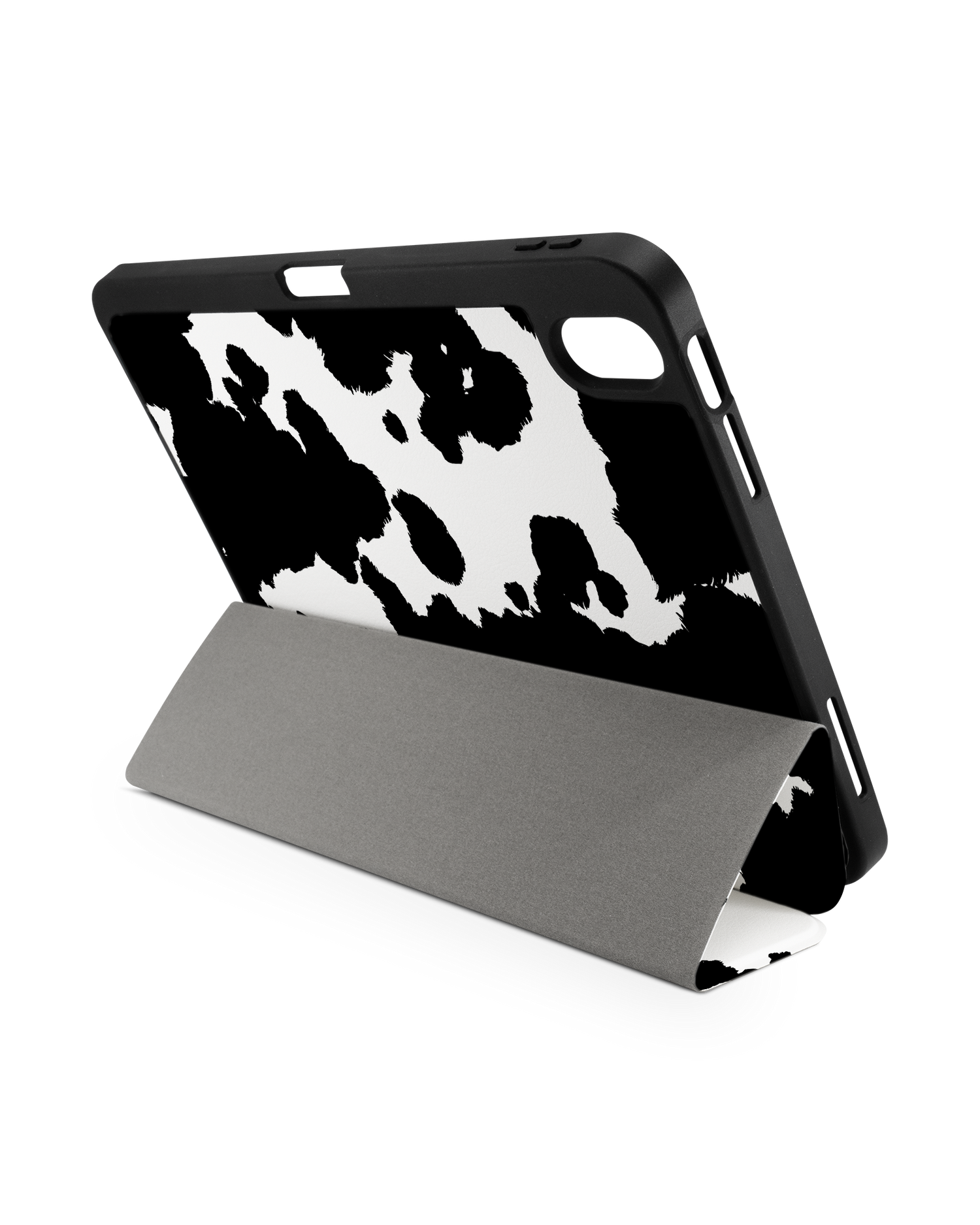 Cow Print iPad Case with Pencil Holder for Apple iPad (10th Generation): Set up in landscape format (back view)