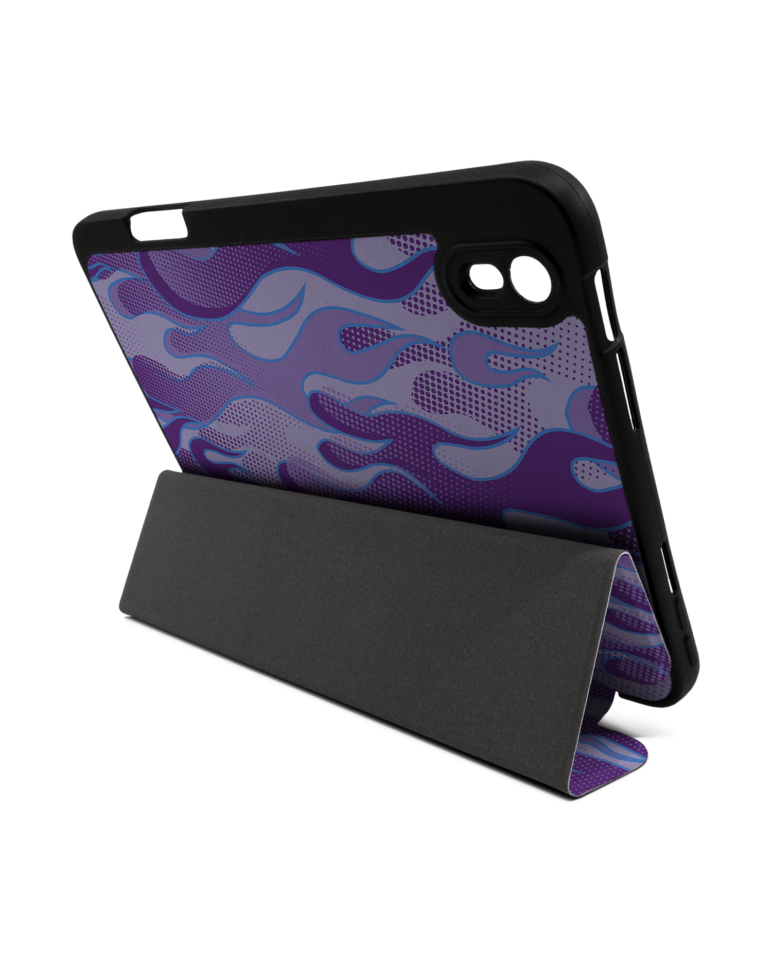 Purple Flames iPad Case with Pencil Holder Apple iPad mini 6 (2021): Set up in landscape format (back view)