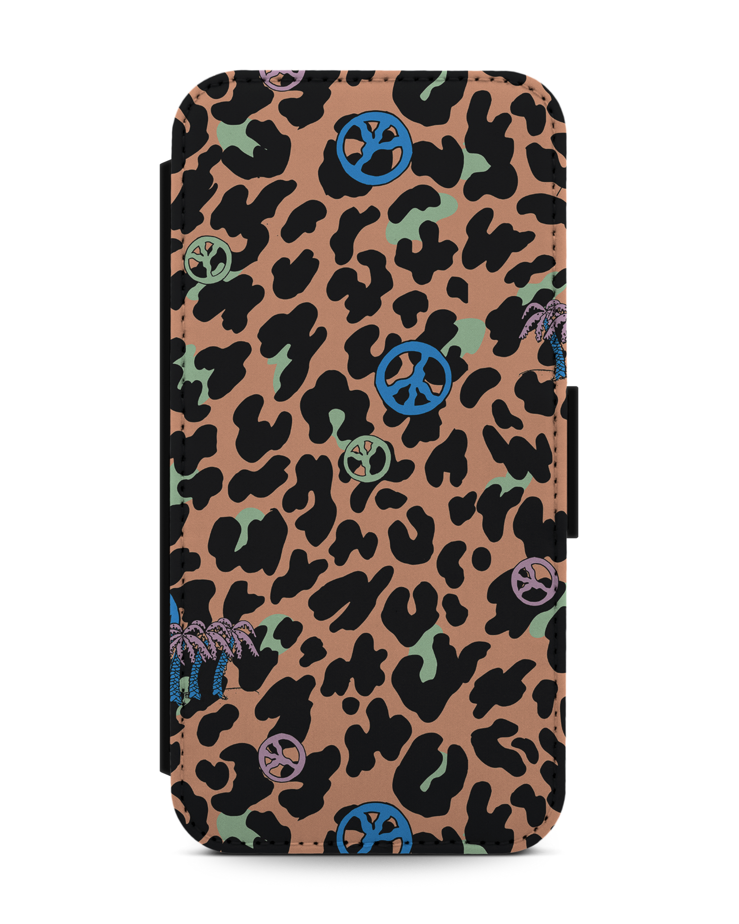 Leopard Peace Palms Wallet Phone Case Apple iPhone 13 mini: Front View