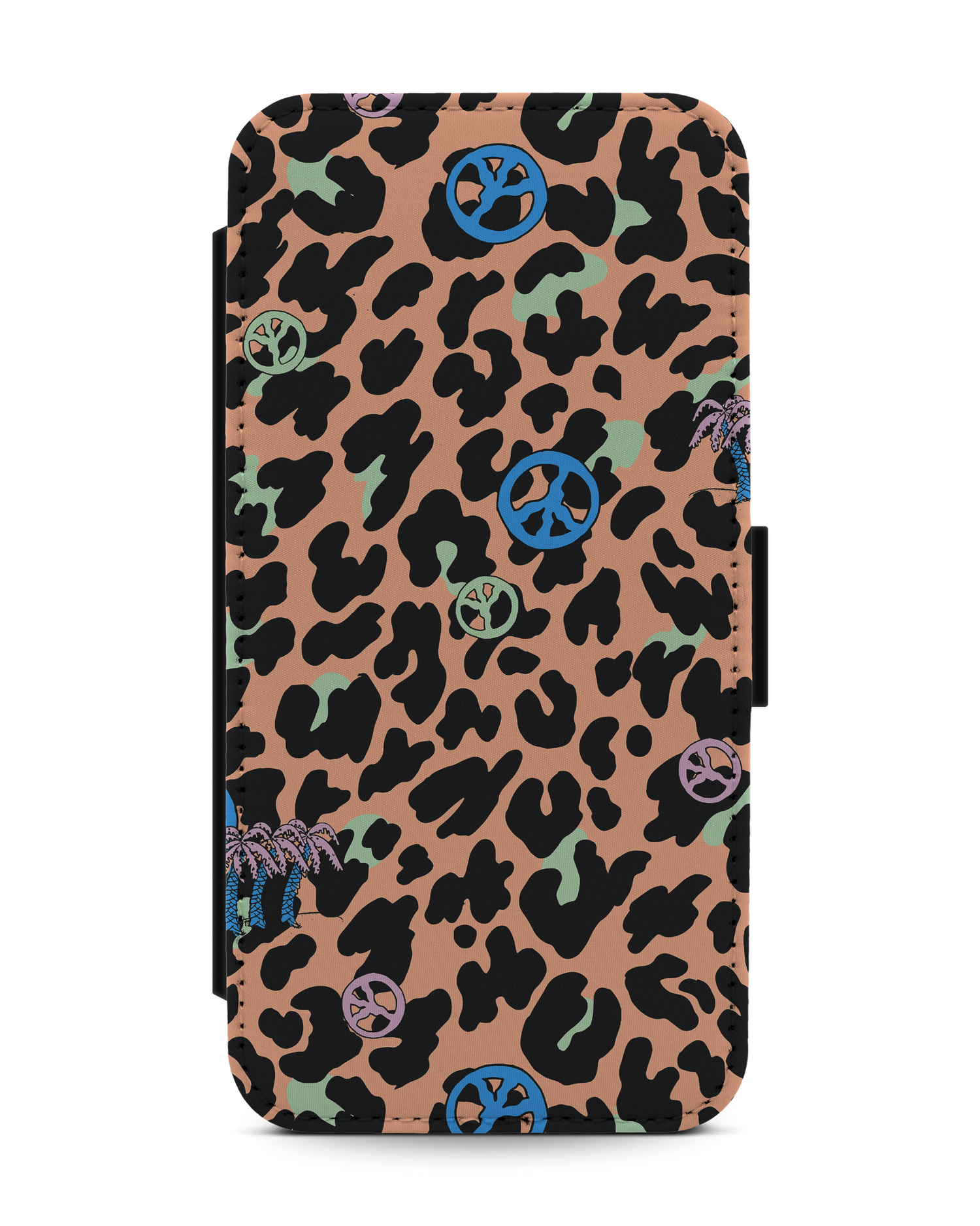 Leopard Peace Palms Wallet Phone Case Apple iPhone 13: Front View
