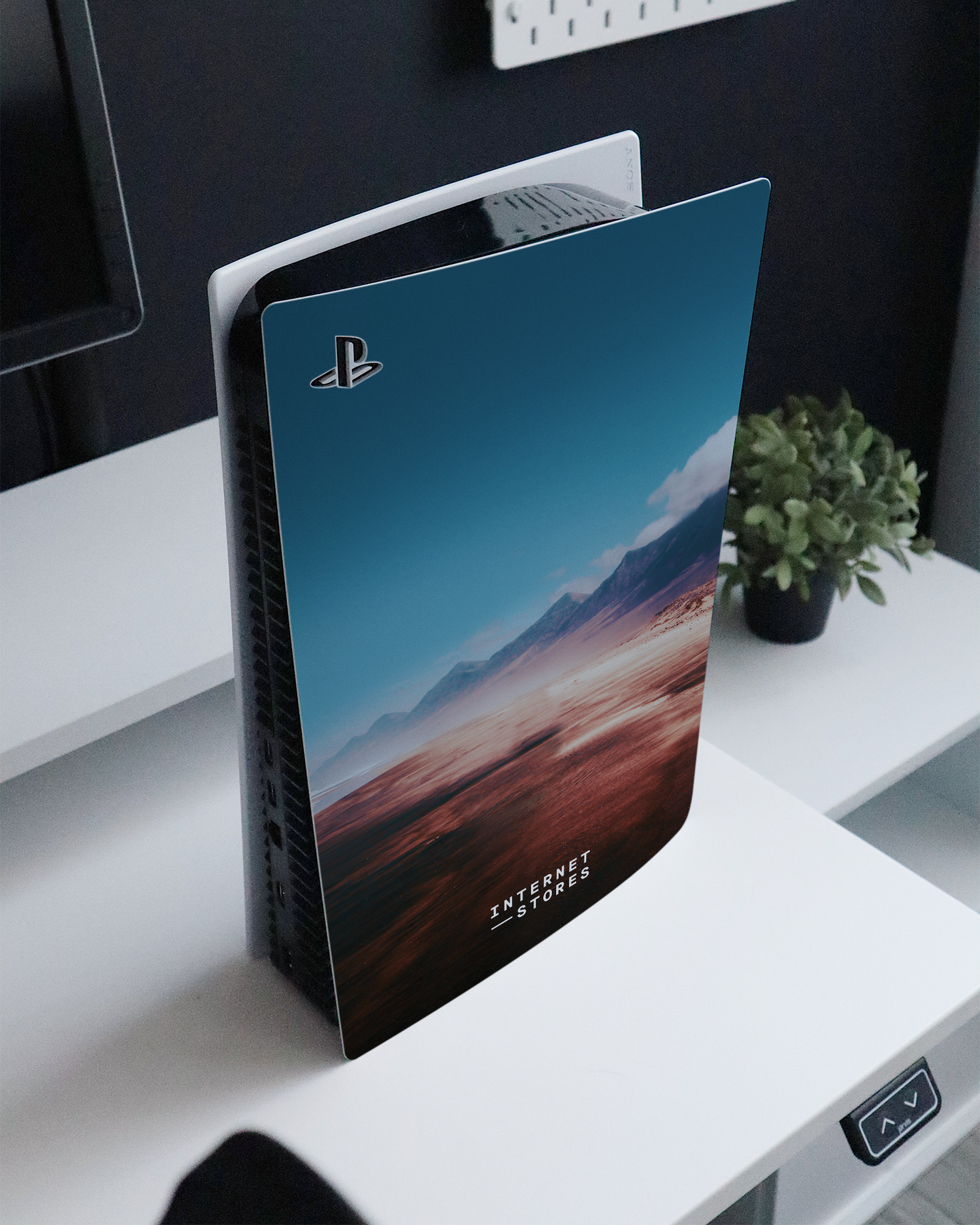 Sky Console Skin for Sony PlayStation 5 Digital Edition standing on a sideboard 