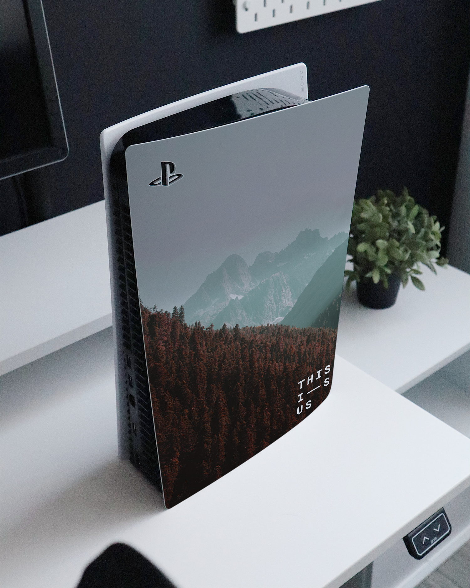Into the Woods Console Skin for Sony PlayStation 5 Digital Edition standing on a sideboard 