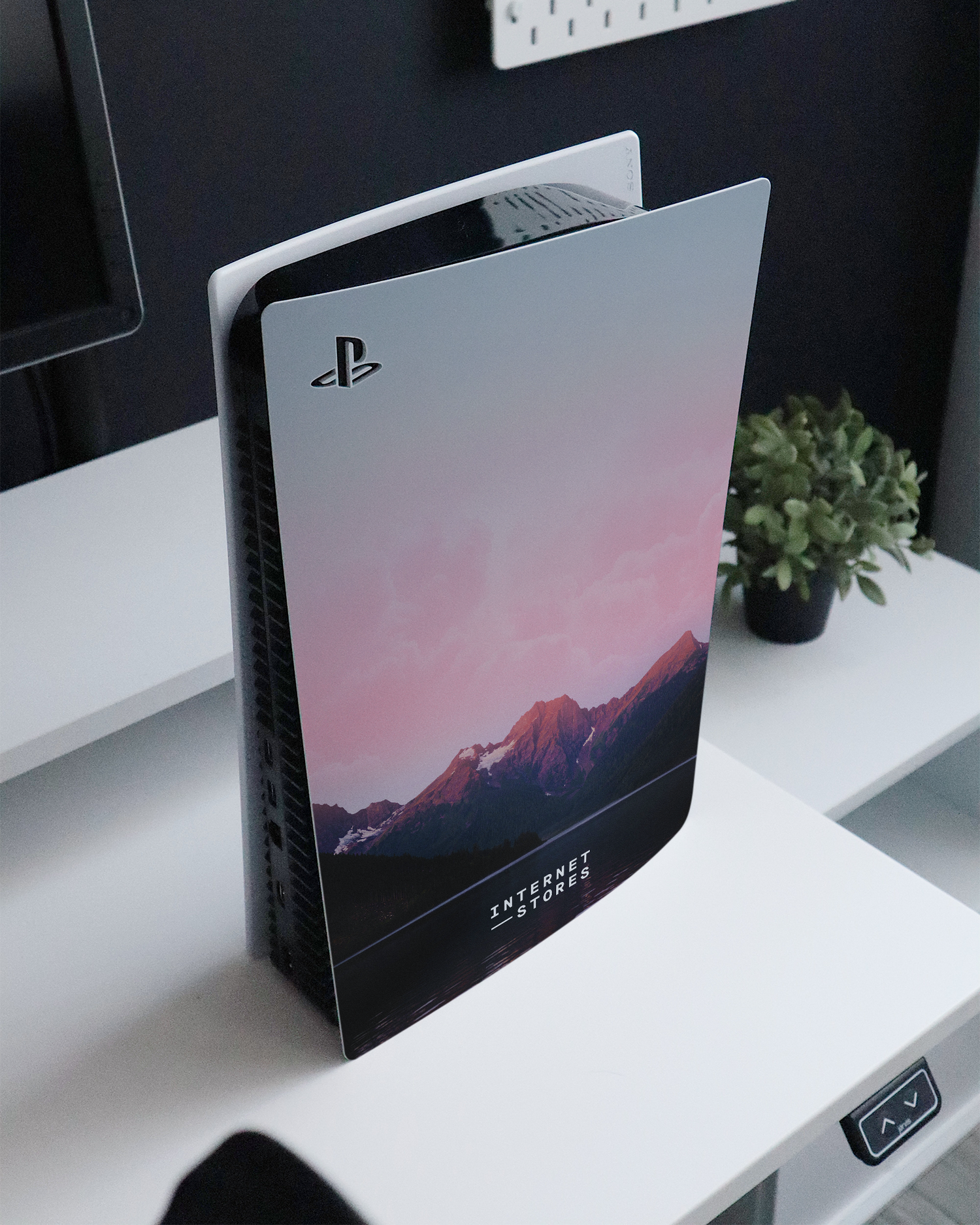 Lake Console Skin for Sony PlayStation 5 Digital Edition standing on a sideboard 