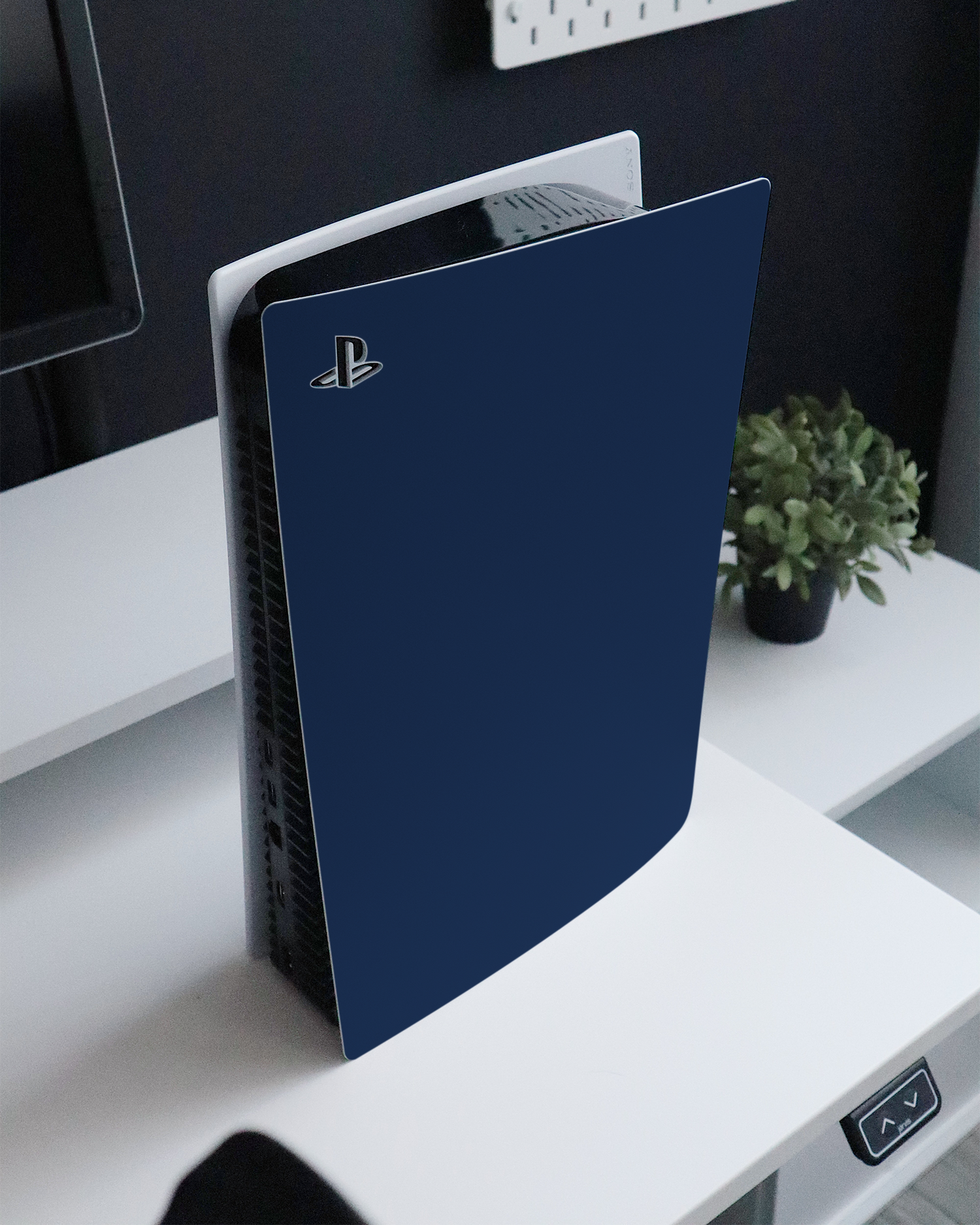 NAVY Console Skin for Sony PlayStation 5 Digital Edition standing on a sideboard 