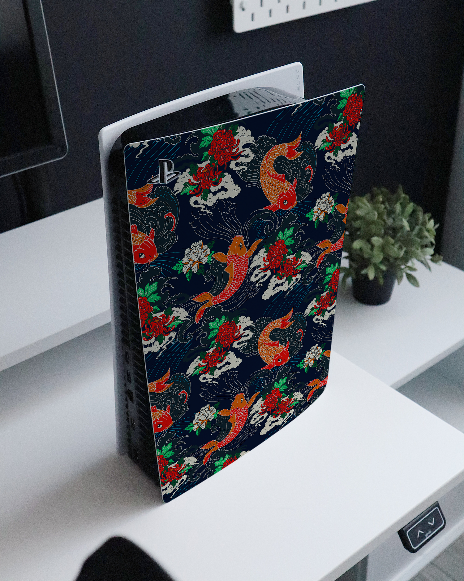 Repeating Koi Console Skin for Sony PlayStation 5 Digital Edition standing on a sideboard 