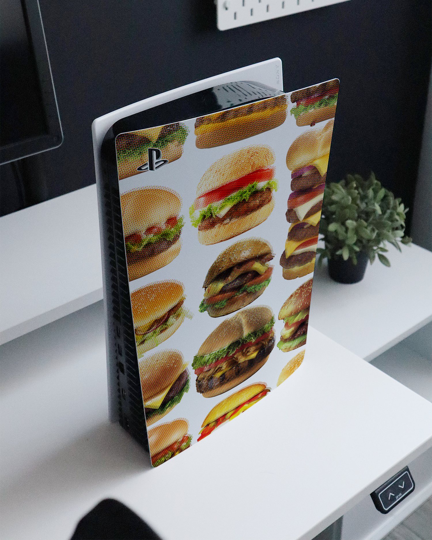 Burger Time Console Skin for Sony PlayStation 5 Digital Edition standing on a sideboard 