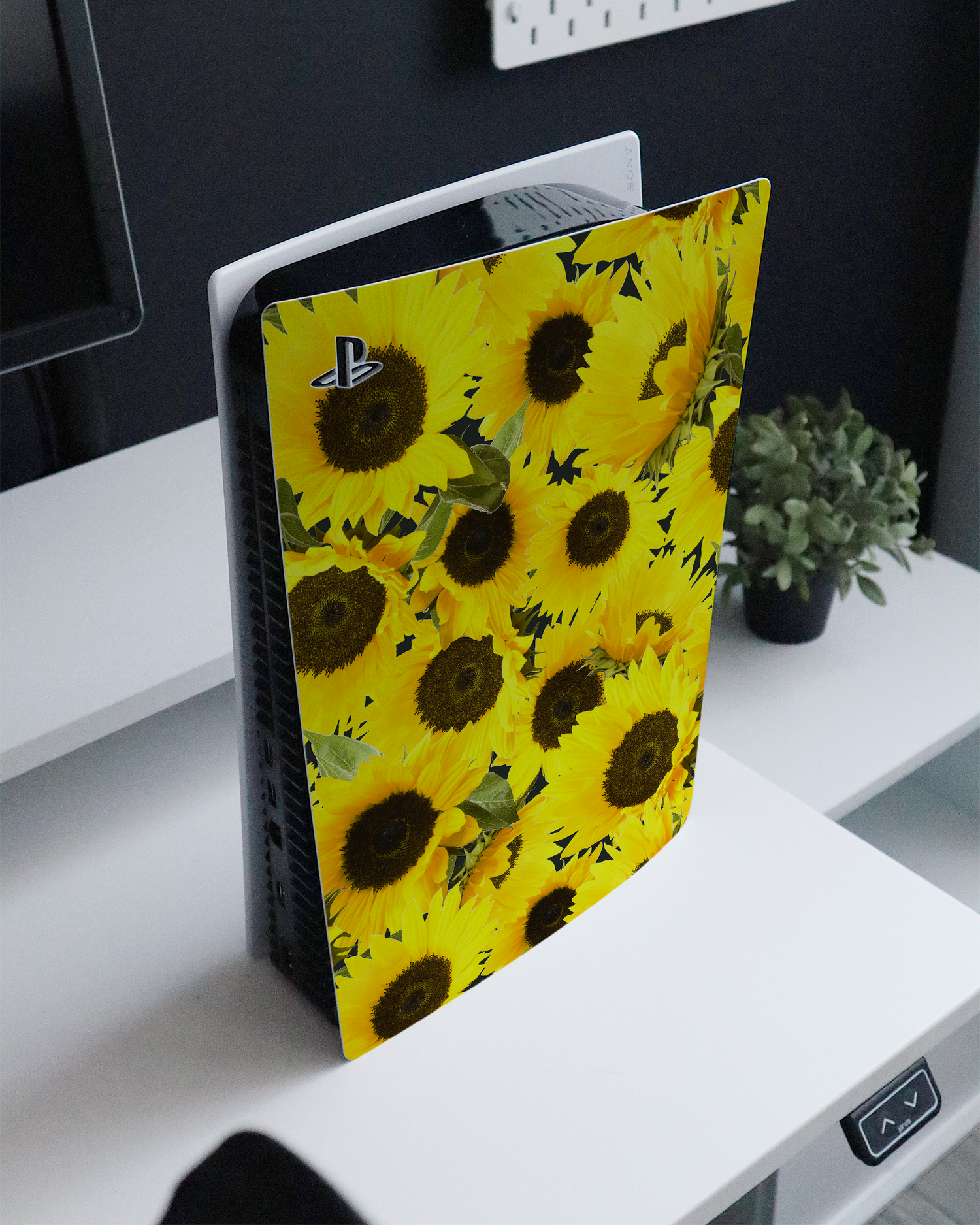 Sunflowers Console Skin for Sony PlayStation 5 Digital Edition standing on a sideboard 