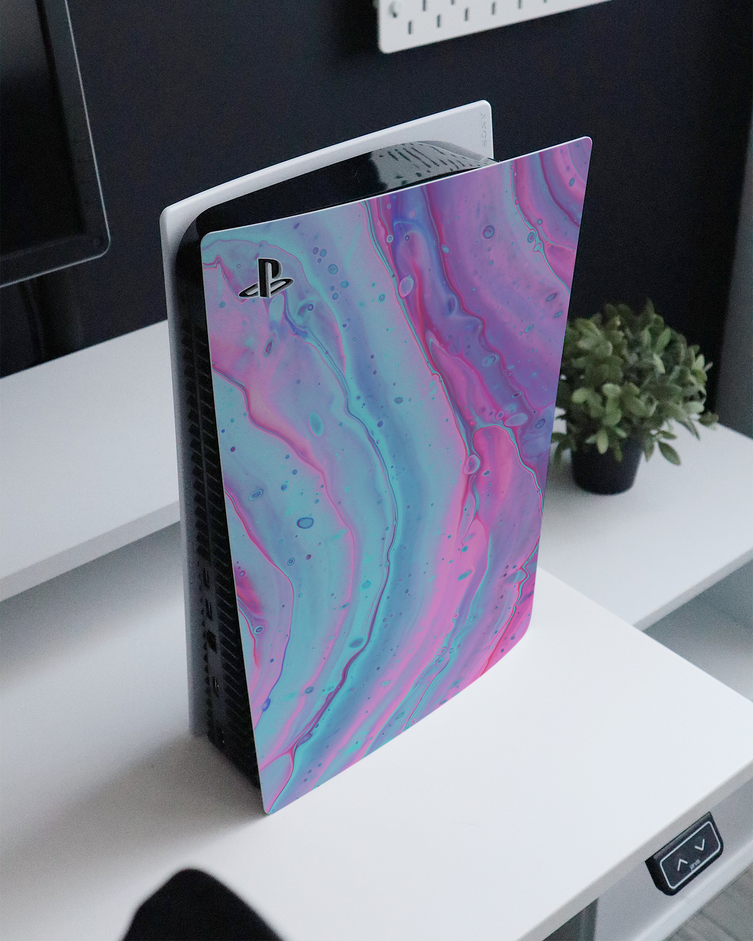Wavey Console Skin for Sony PlayStation 5 Digital Edition standing on a sideboard 