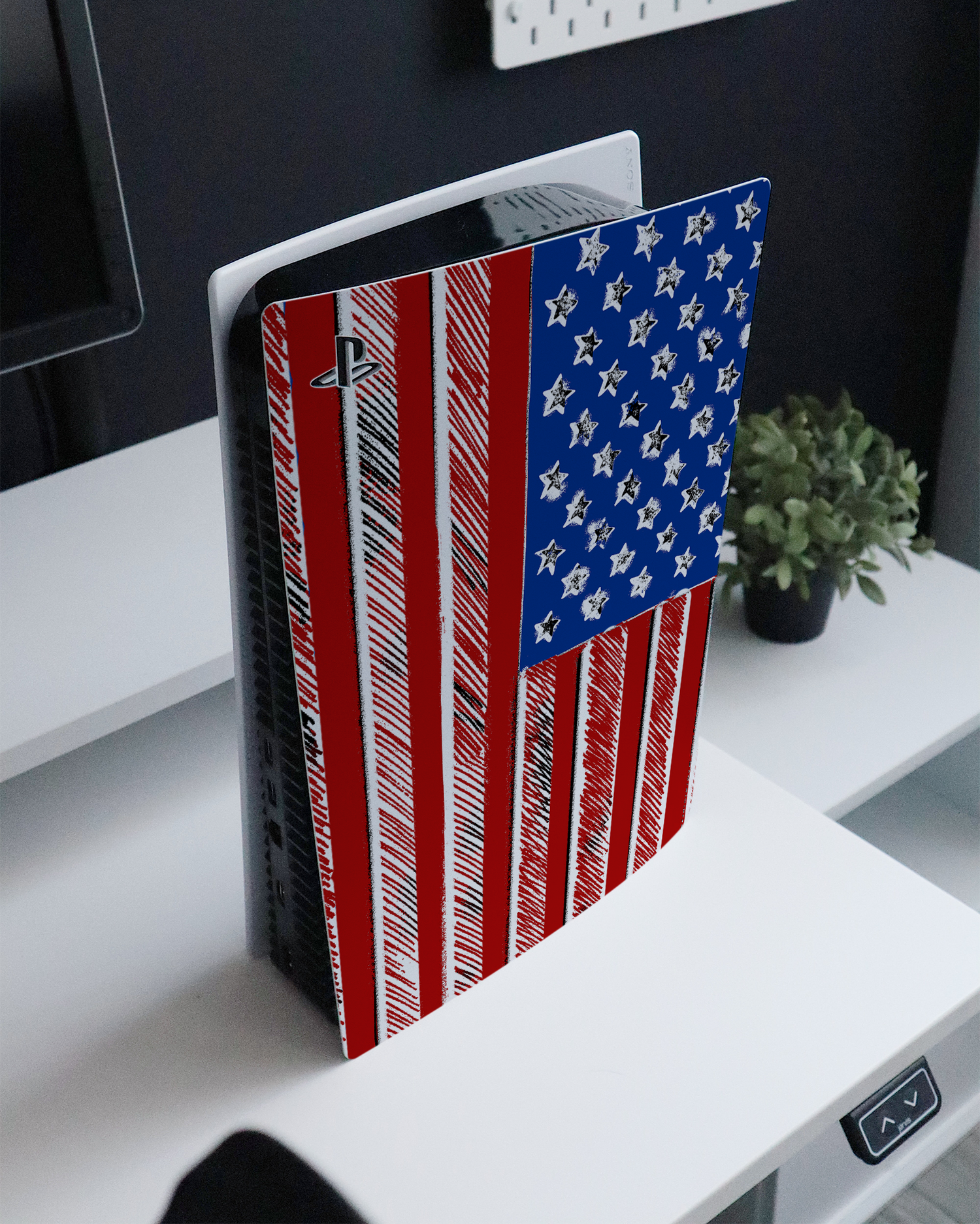 American Flag Color Console Skin for Sony PlayStation 5 standing on a sideboard 