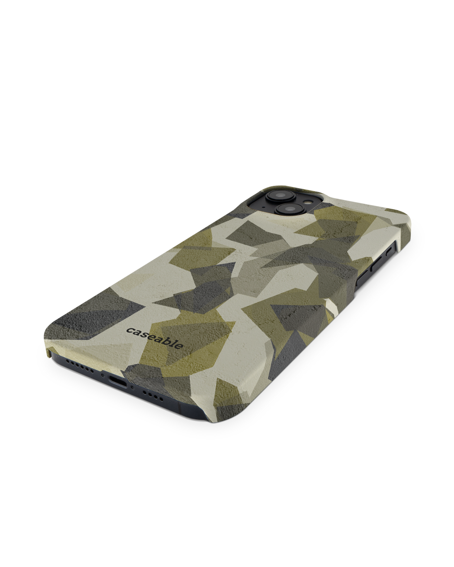Geometric Camo Green Hard Shell Phone Case for Apple iPhone 14 Plus: Perspective view