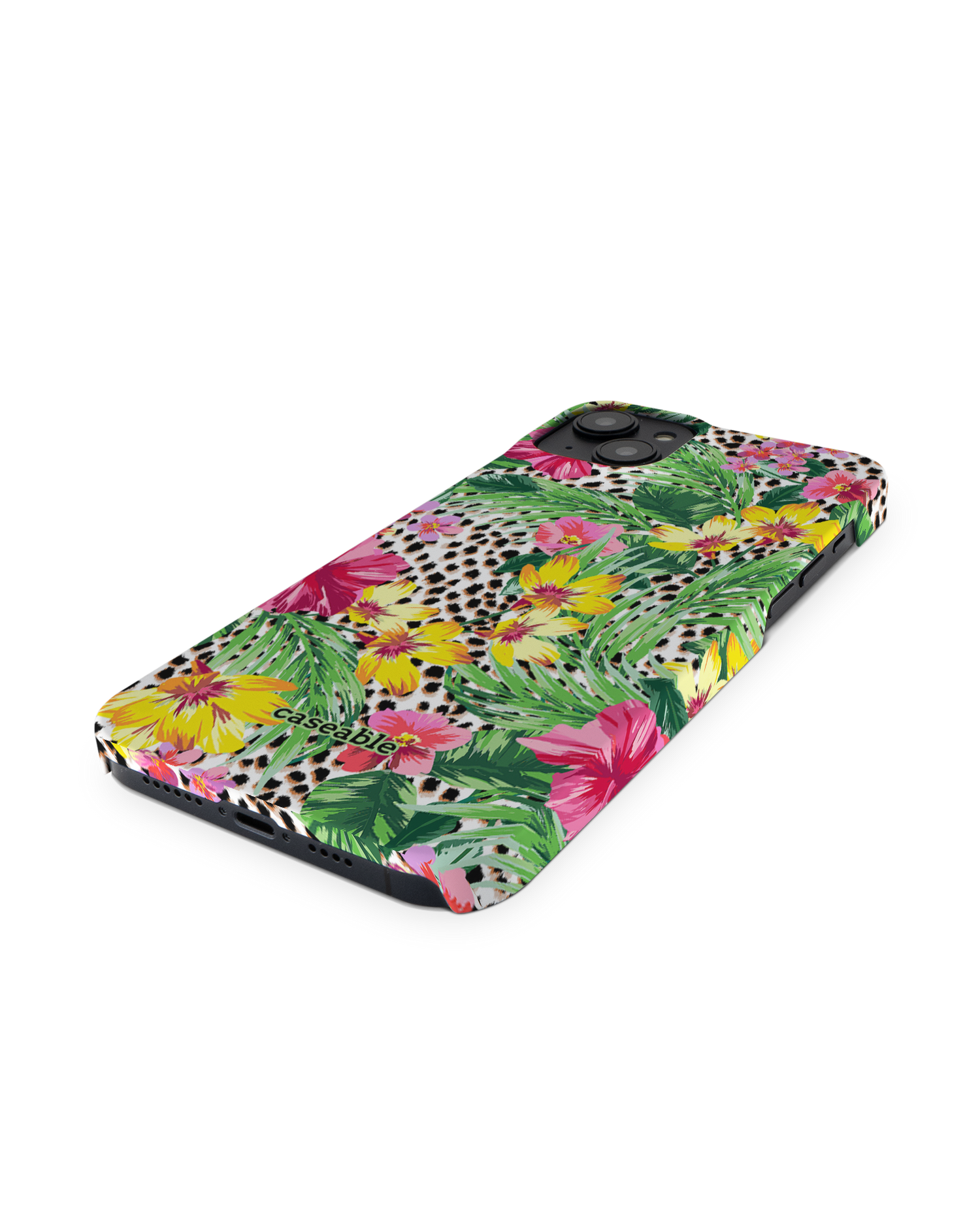 Tropical Cheetah Hard Shell Phone Case for Apple iPhone 14 Plus: Perspective view
