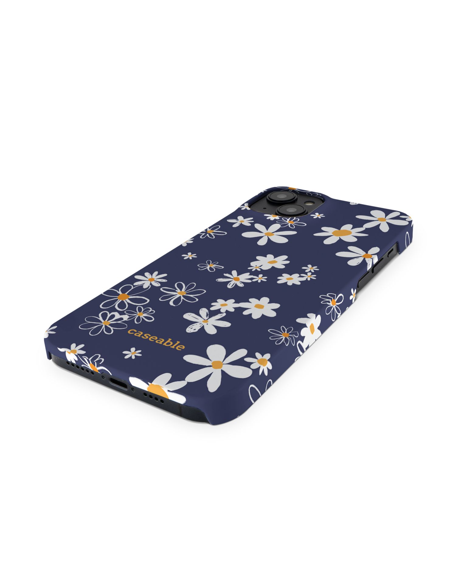 Navy Daisies Hard Shell Phone Case for Apple iPhone 14 Plus: Perspective view