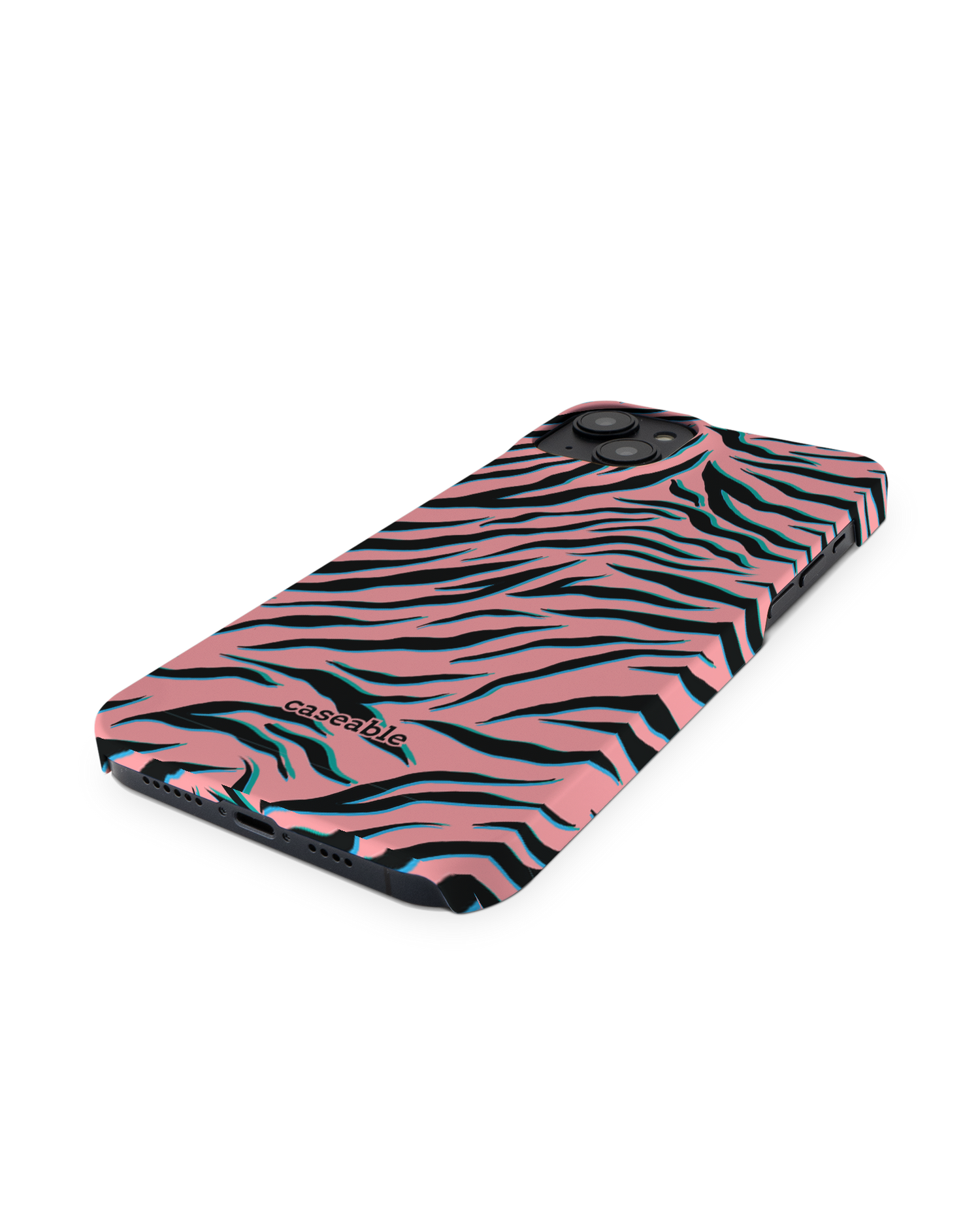 Pink Zebra Hard Shell Phone Case for Apple iPhone 14 Plus: Perspective view