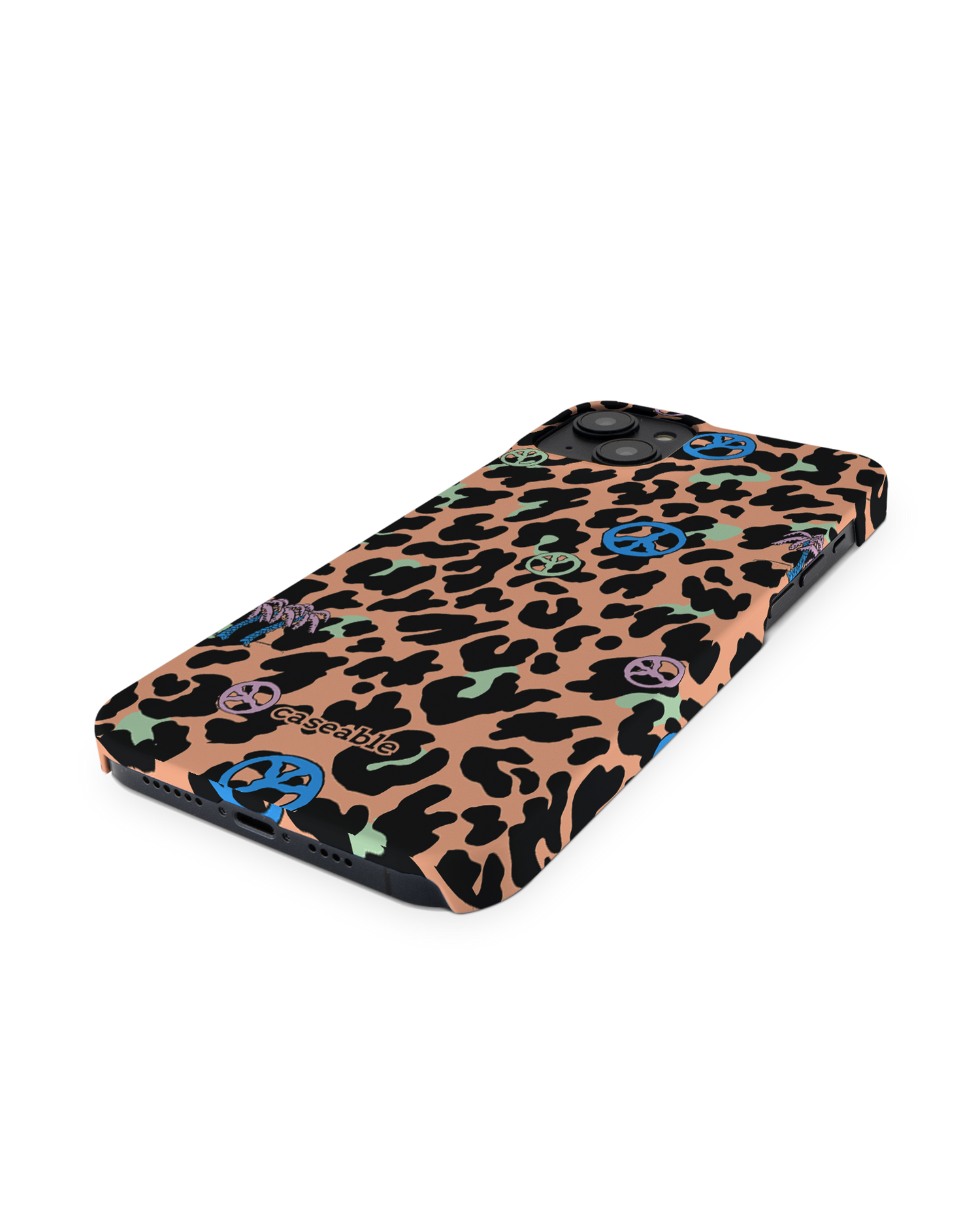Leopard Peace Palms Hard Shell Phone Case for Apple iPhone 14 Plus: Perspective view