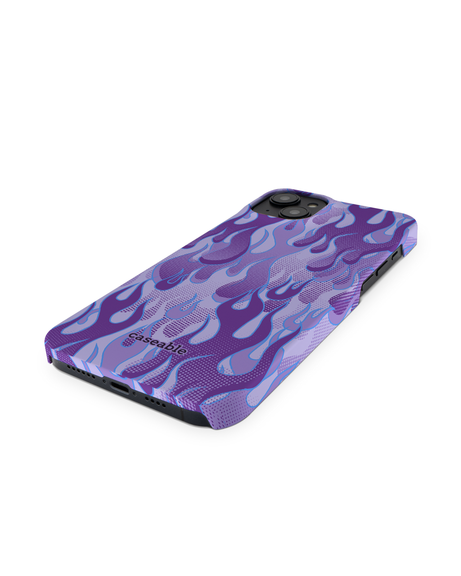 Purple Flames Hard Shell Phone Case for Apple iPhone 14 Plus: Perspective view