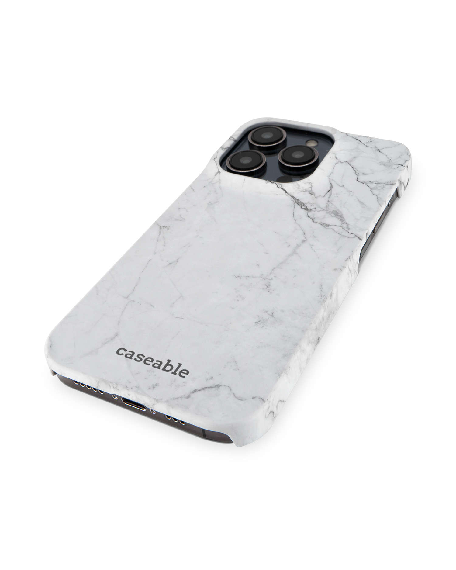 White Marble Hard Shell Phone Case for Apple iPhone 14 Pro: Perspective view
