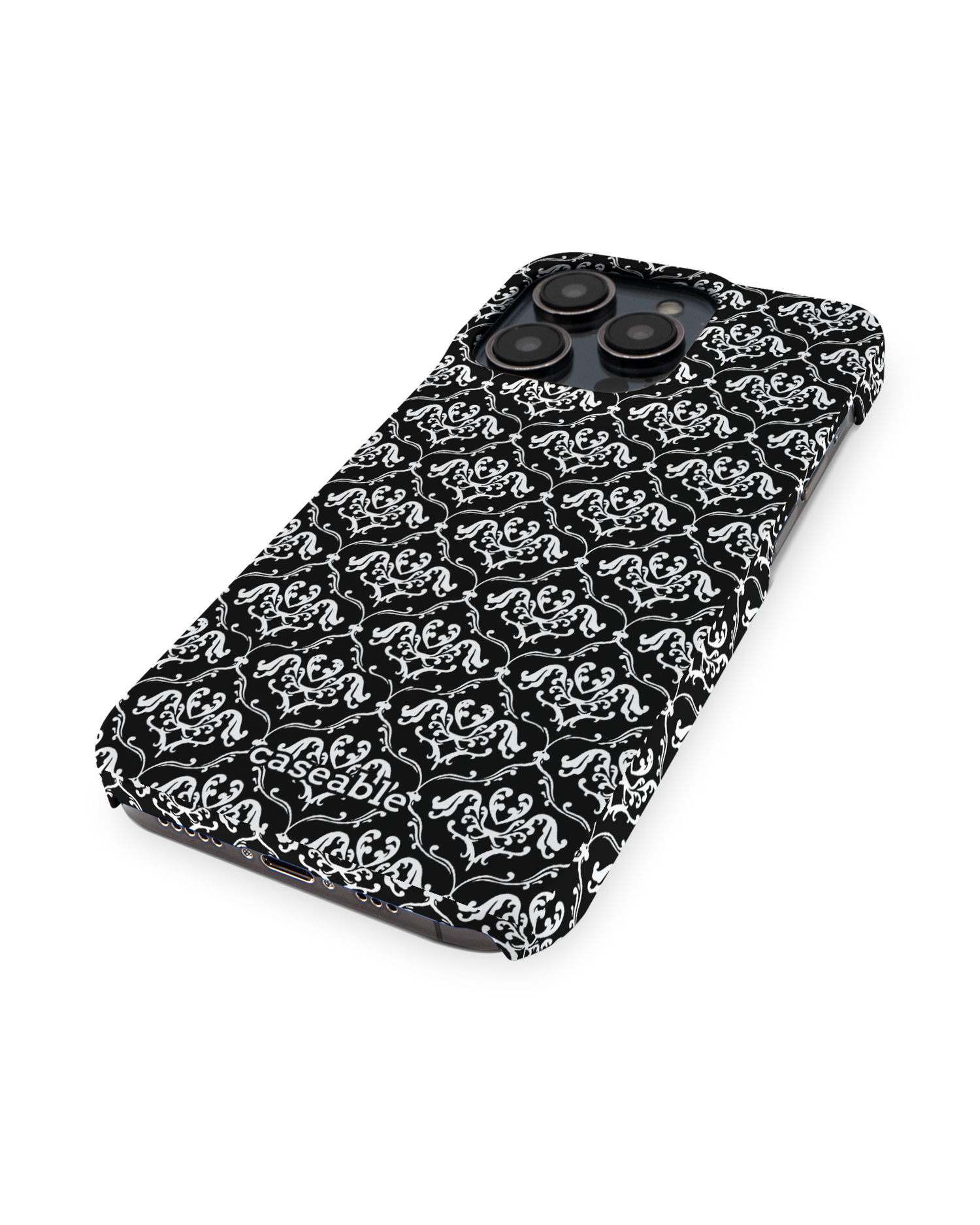 Black French Lillies Hard Shell Phone Case for Apple iPhone 14 Pro: Perspective view