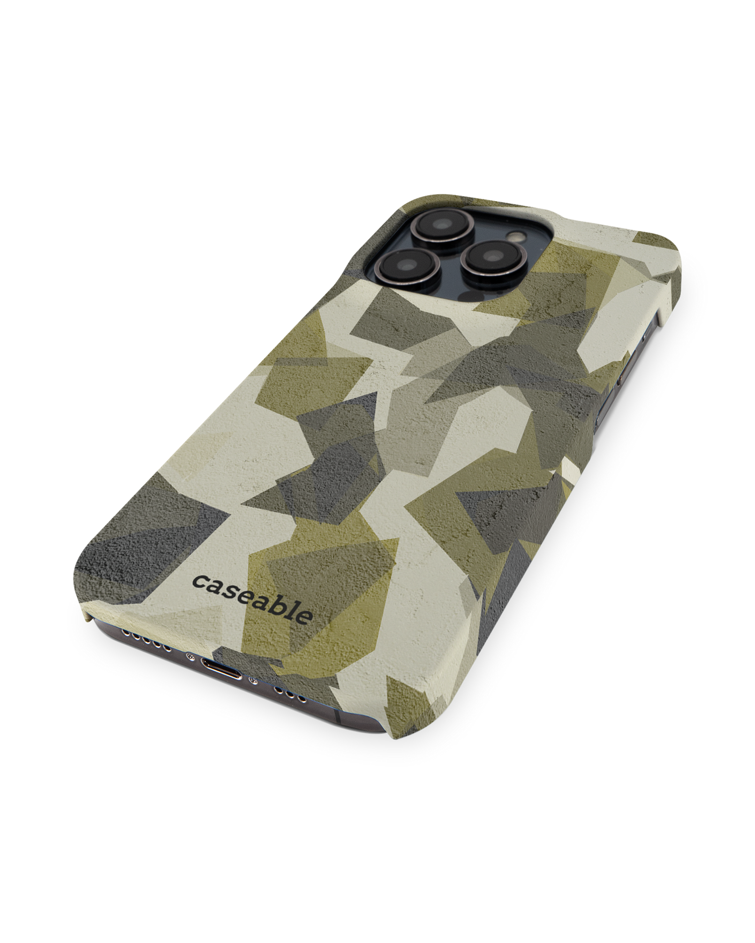 Geometric Camo Green Hard Shell Phone Case for Apple iPhone 14 Pro: Perspective view