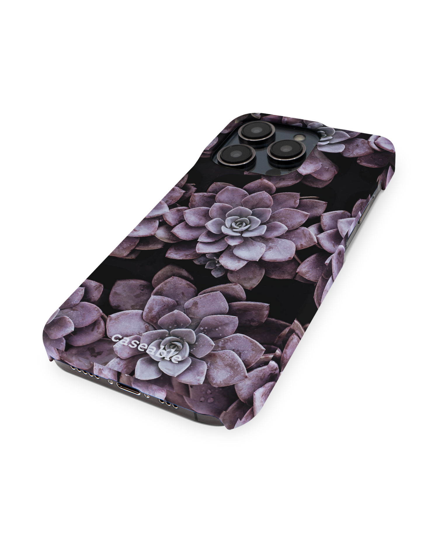 Purple Succulents Hard Shell Phone Case for Apple iPhone 14 Pro: Perspective view