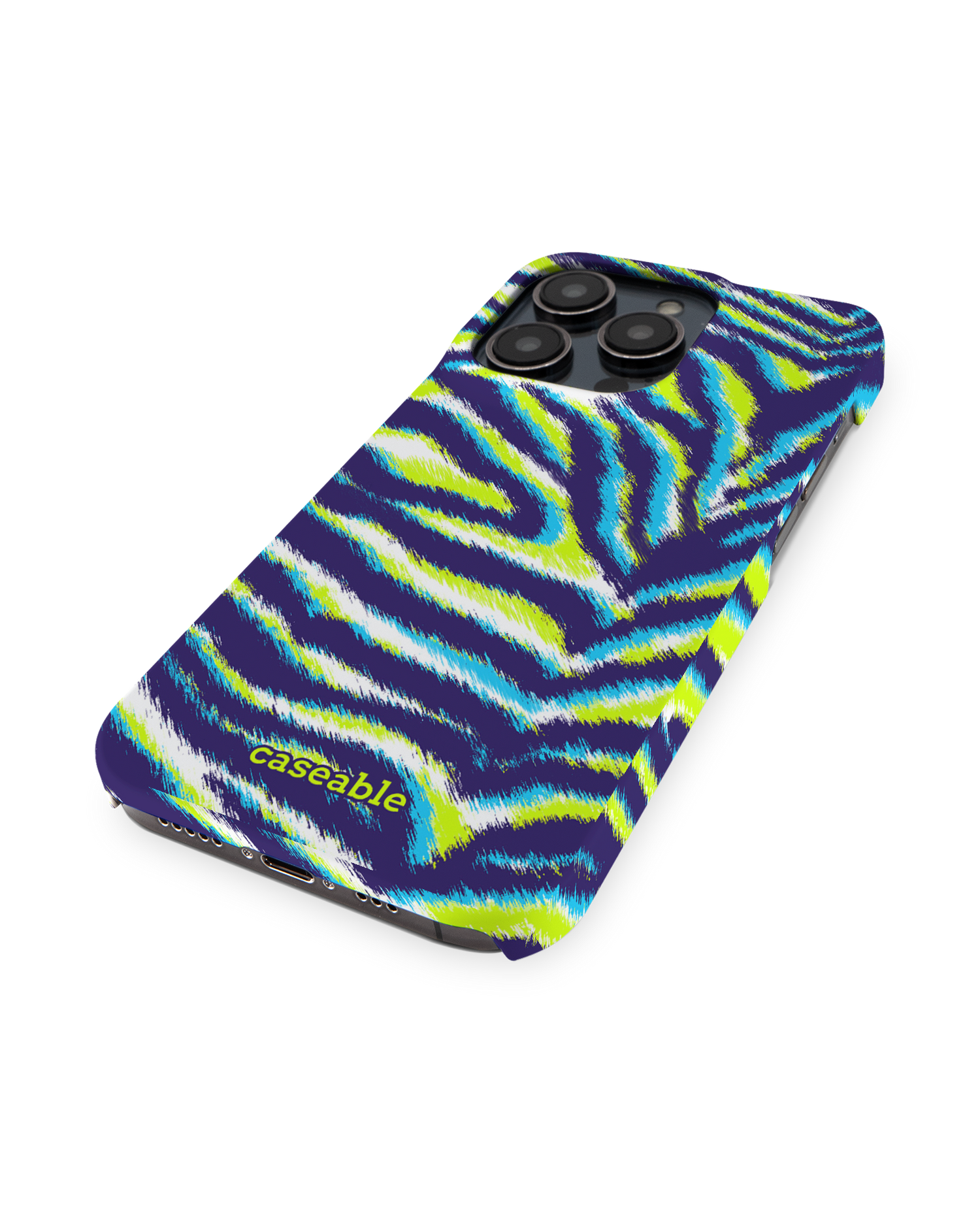 Neon Zebra Hard Shell Phone Case for Apple iPhone 14 Pro: Perspective view