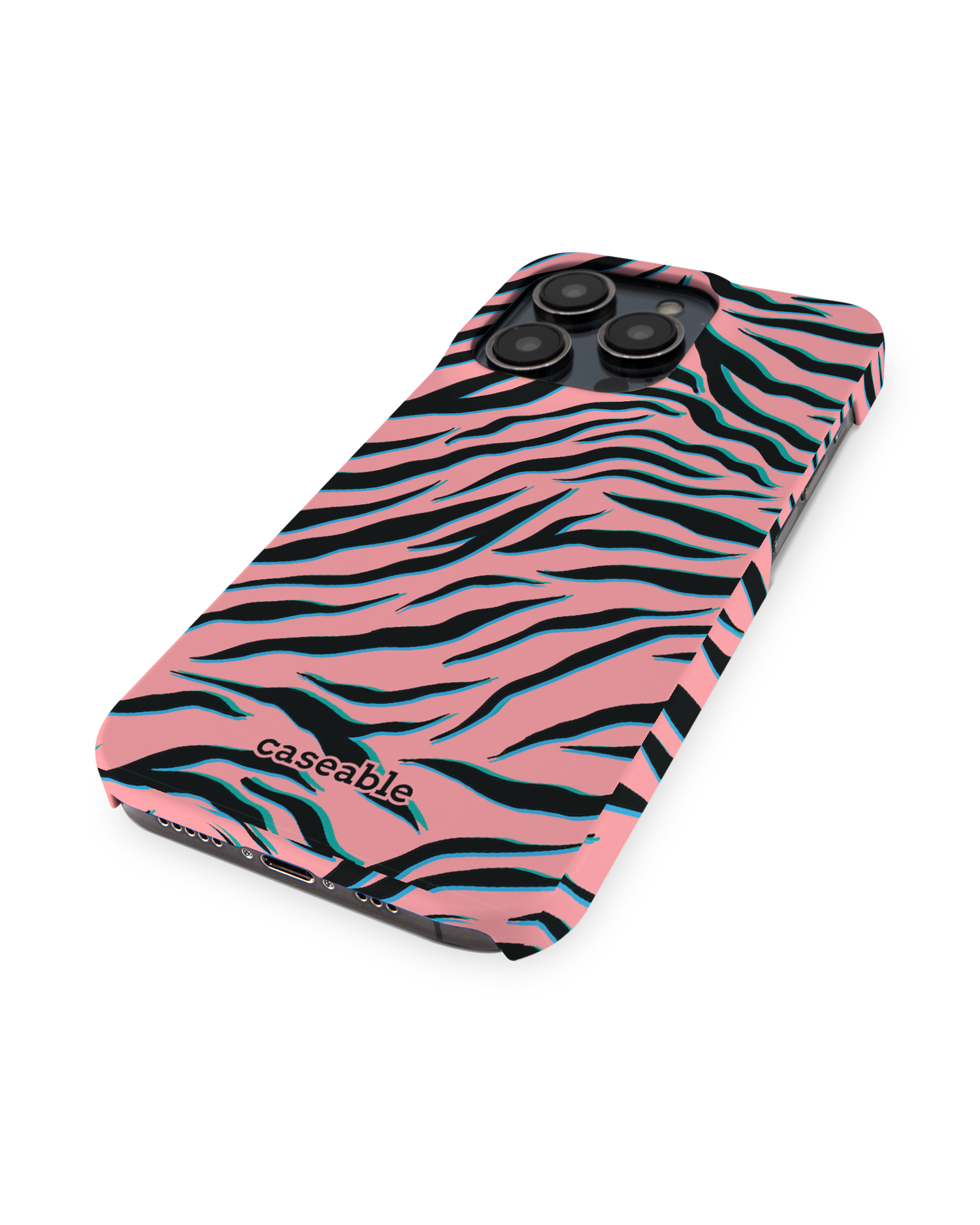 Pink Zebra Hard Shell Phone Case for Apple iPhone 14 Pro: Perspective view