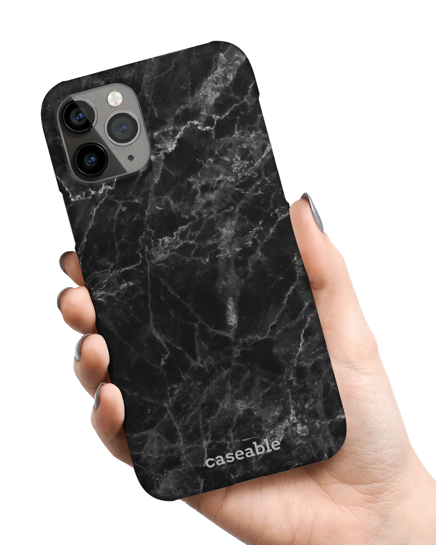 Midnight Marble Hard Shell Phone Case Apple iPhone 11 Pro held in hand