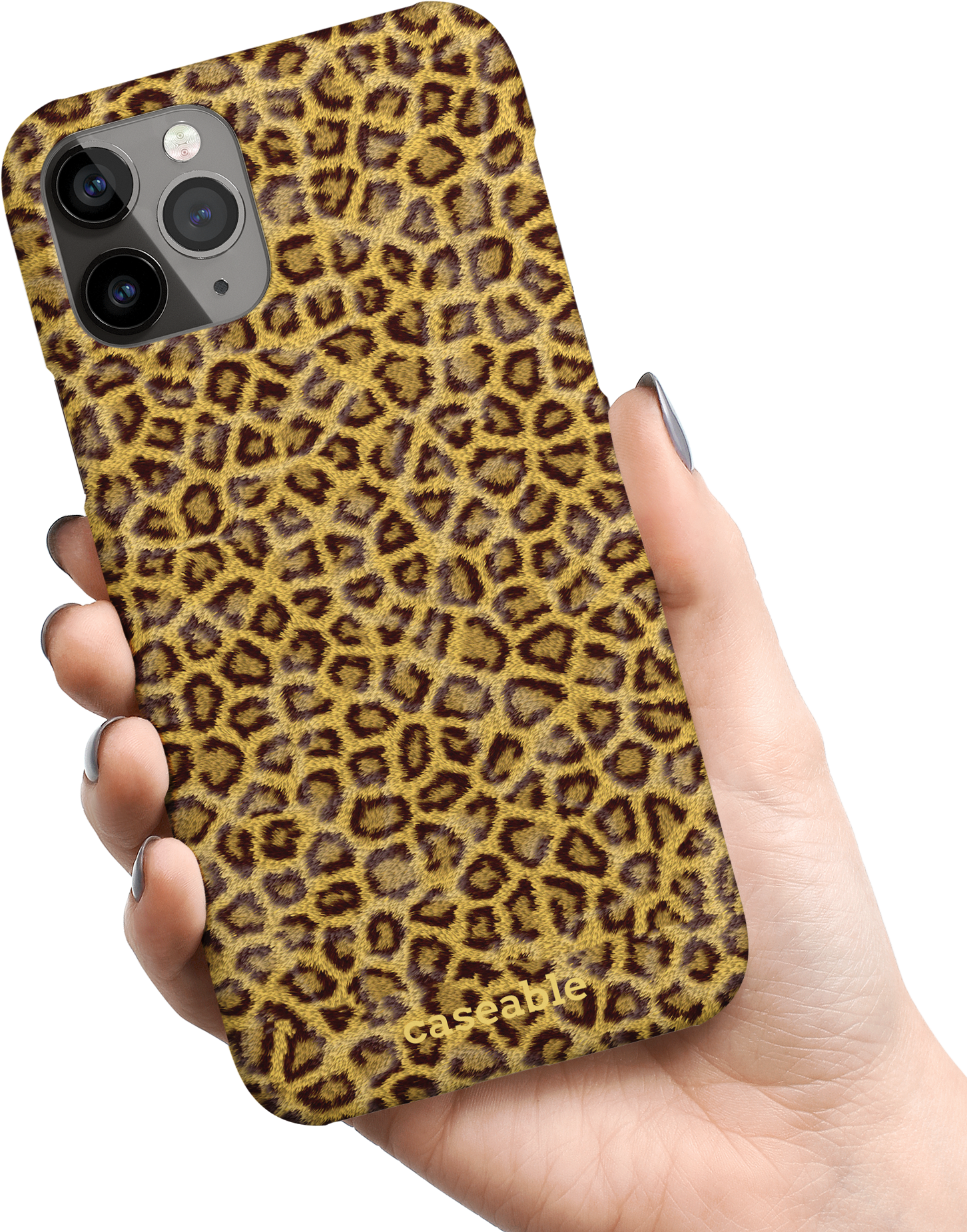 Leopard Skin Hard Shell Phone Case Apple iPhone 11 Pro held in hand