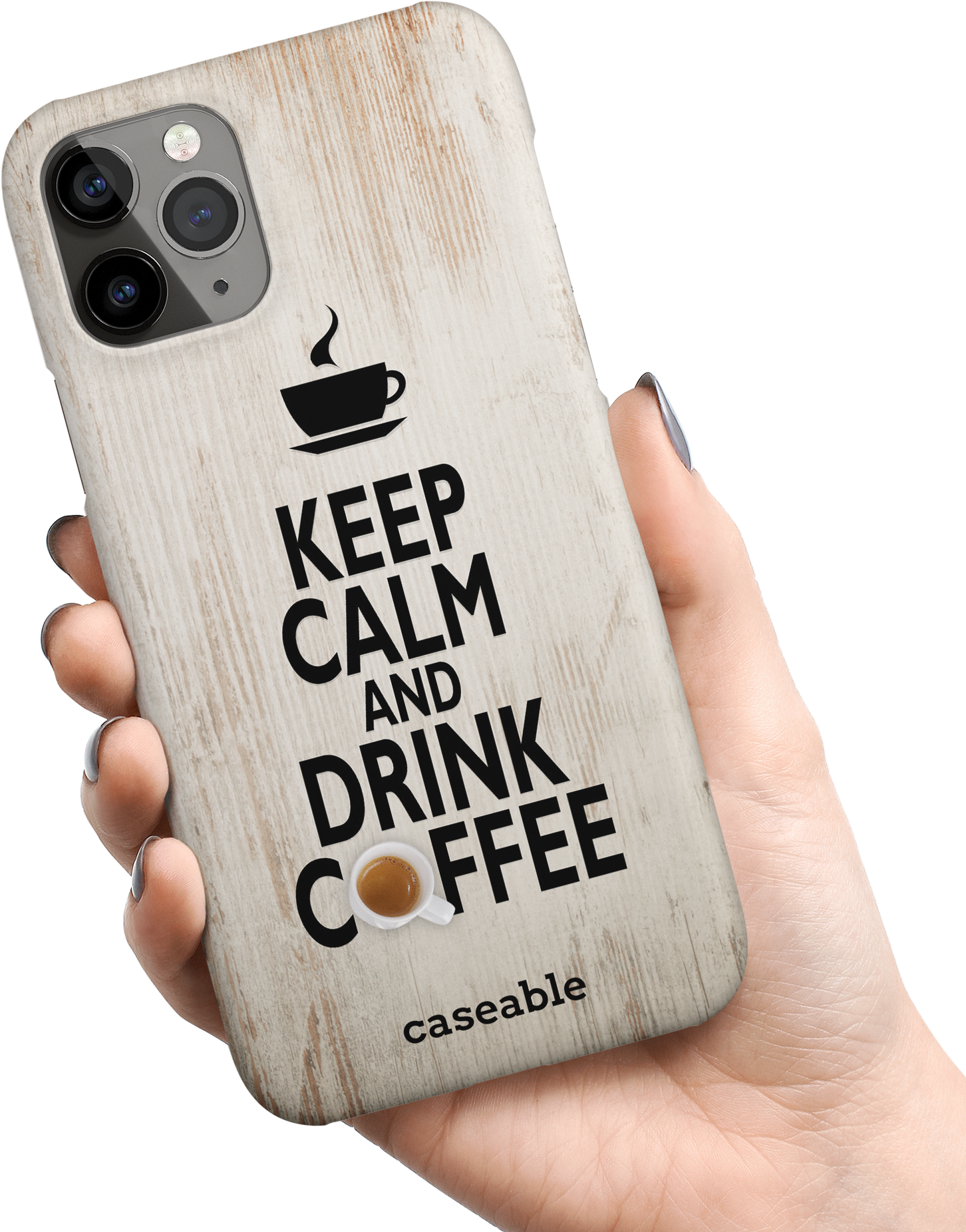 Drink Coffee Hard Shell Phone Case Apple iPhone 11 Pro held in hand