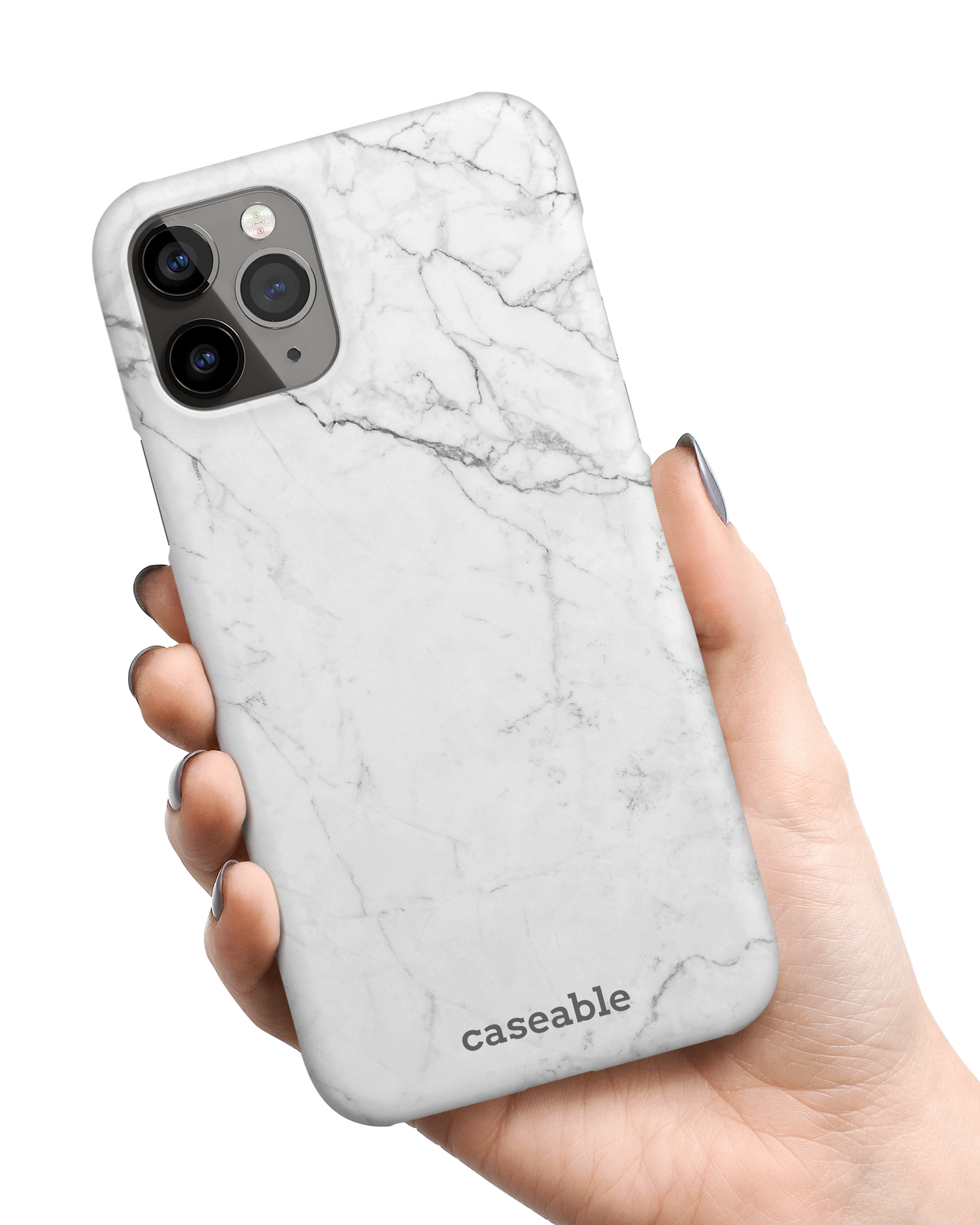 White Marble Hard Shell Phone Case Apple iPhone 11 Pro held in hand