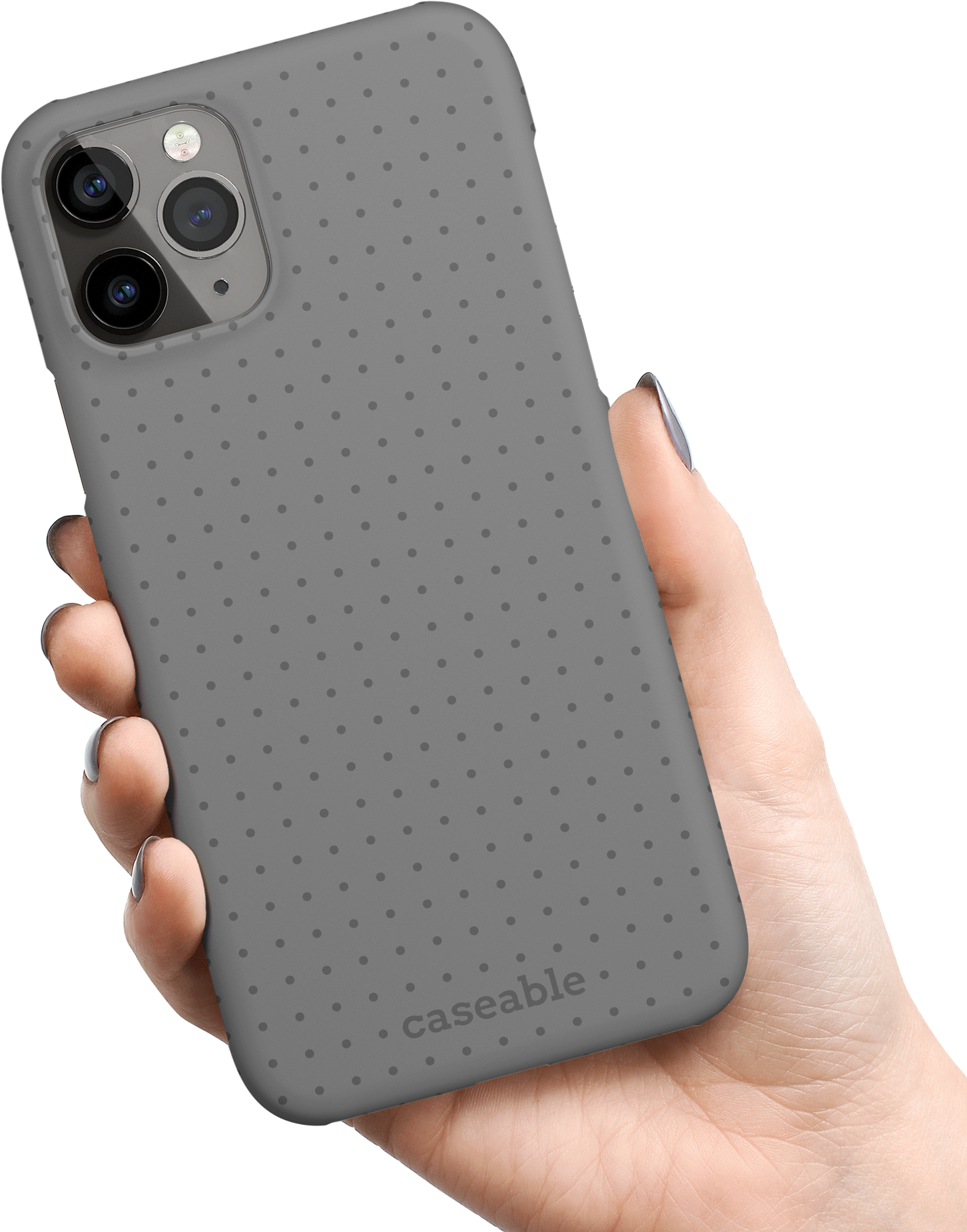 Dot Grid Grey Hard Shell Phone Case Apple iPhone 11 Pro held in hand