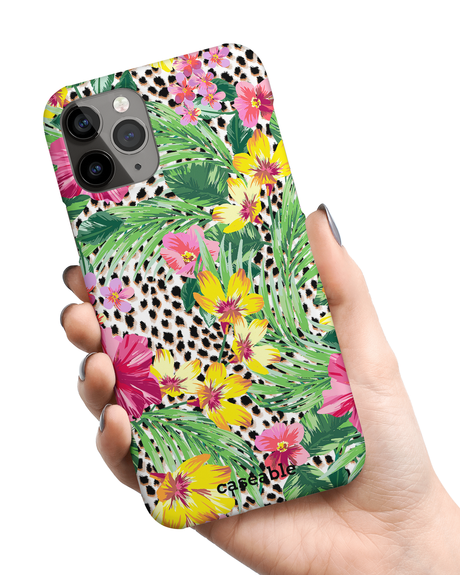 Tropical Cheetah Hard Shell Phone Case Apple iPhone 11 Pro held in hand