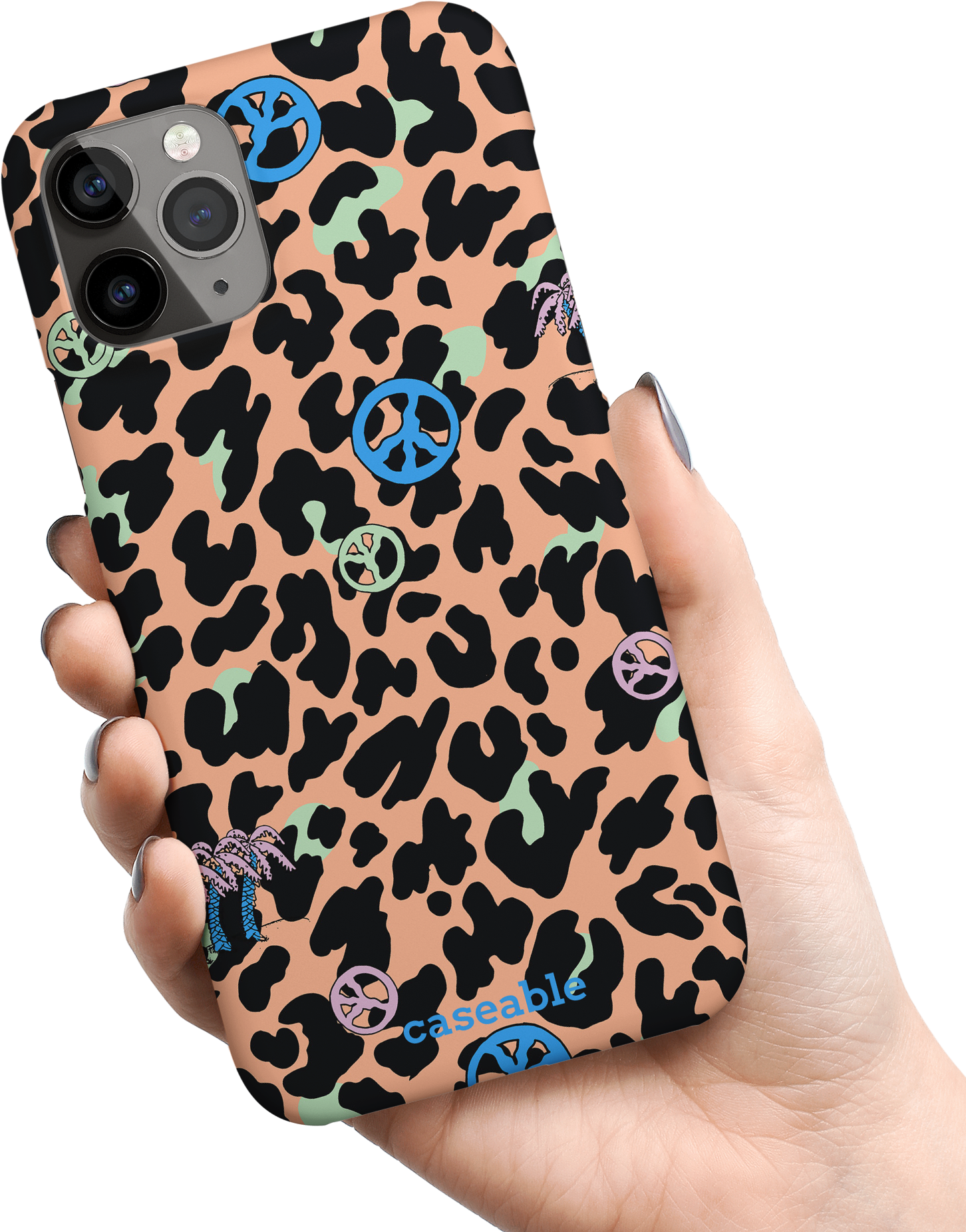 Leopard Peace Palms Hard Shell Phone Case Apple iPhone 11 Pro held in hand