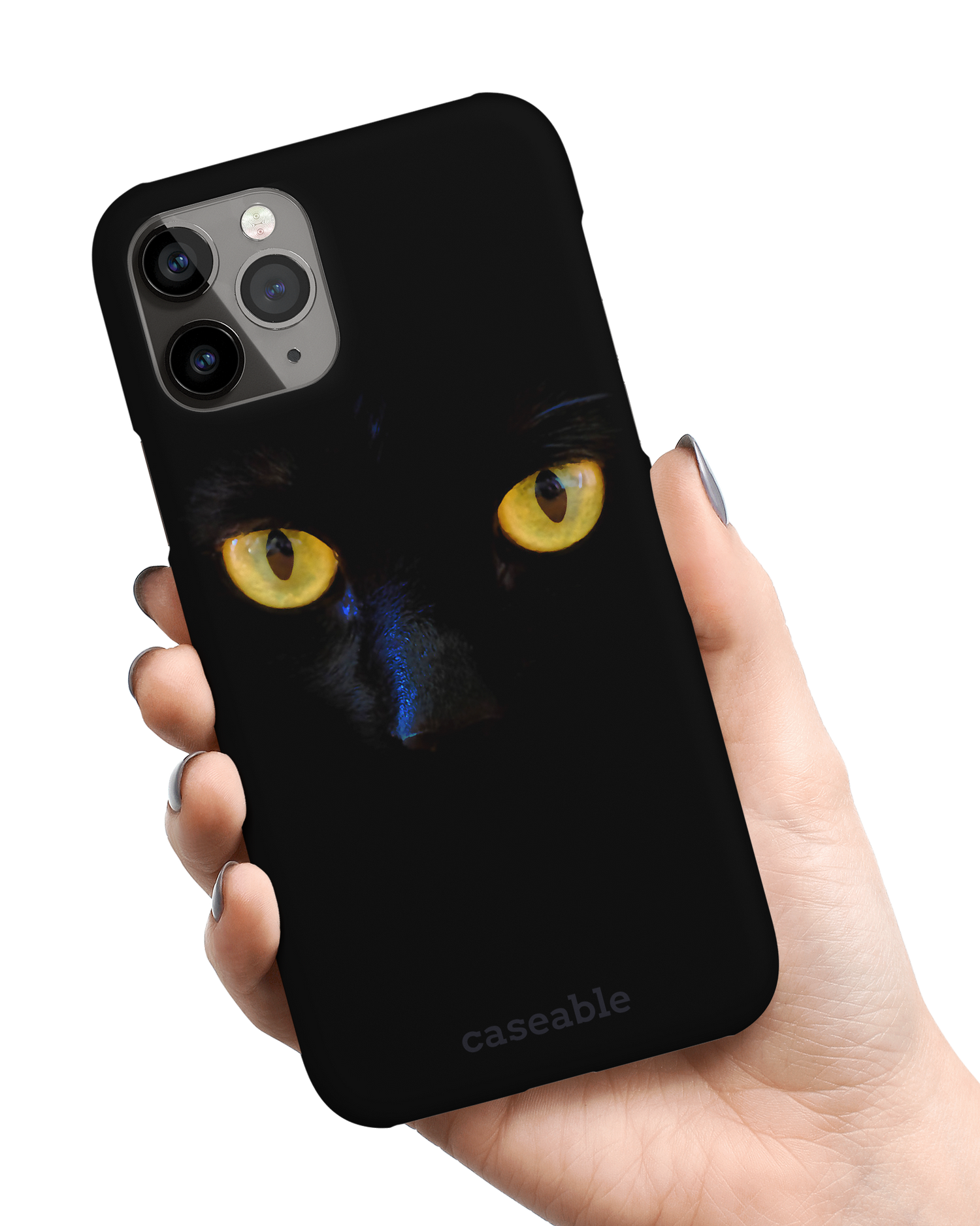 Black Cat Hard Shell Phone Case Apple iPhone 11 Pro held in hand