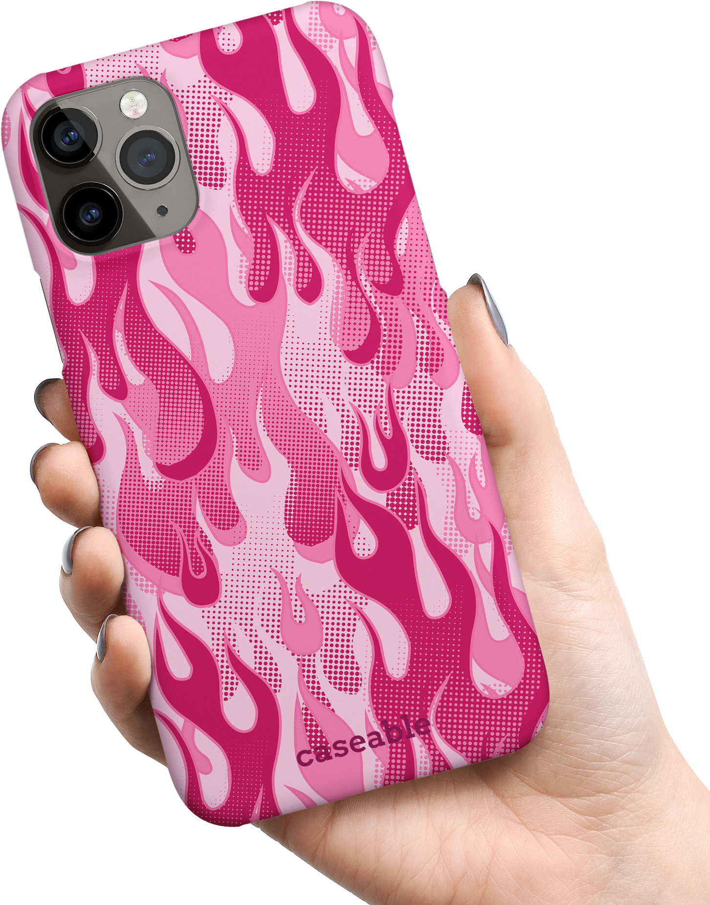 Pink Flames Hard Shell Phone Case Apple iPhone 11 Pro held in hand