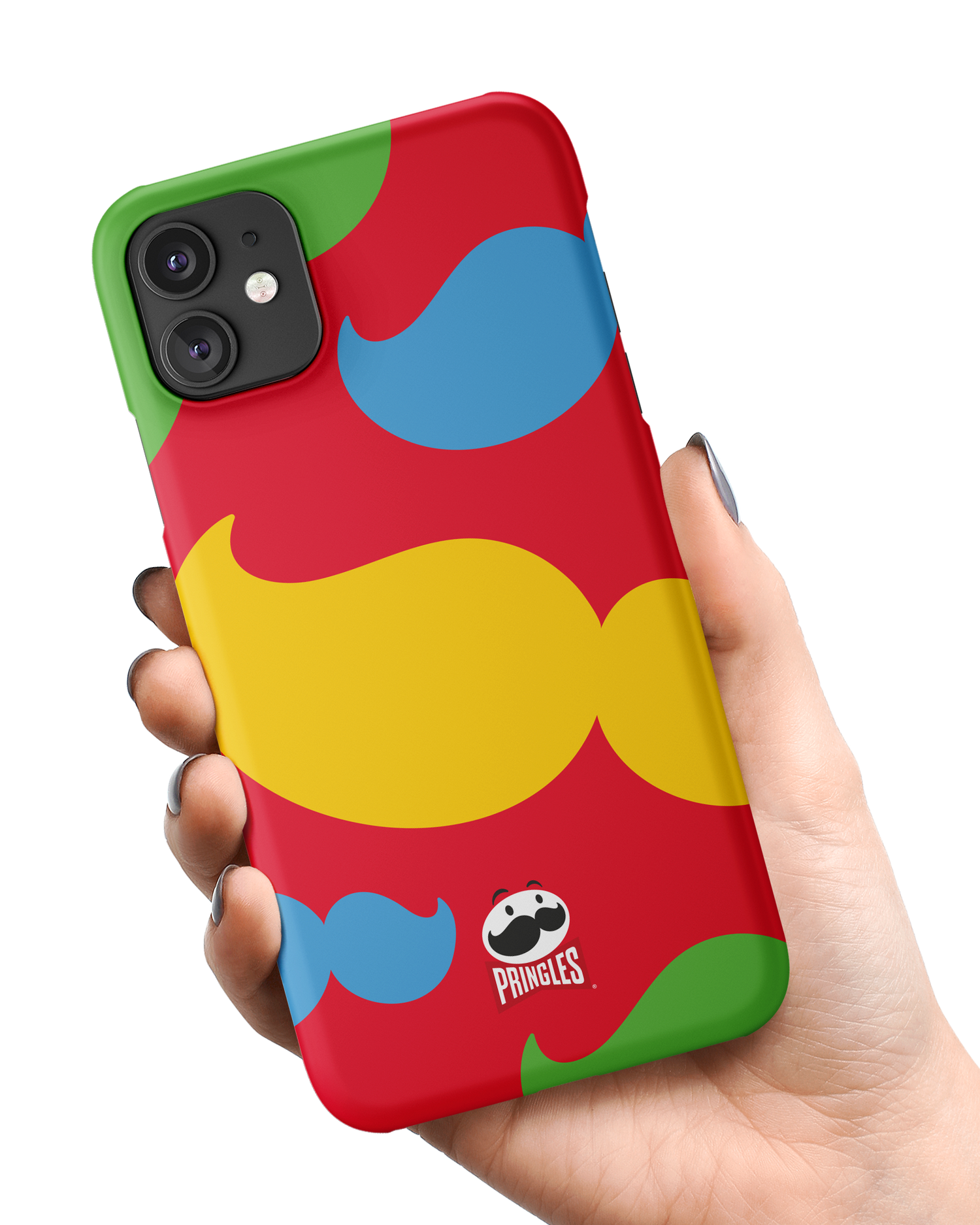 Pringles Moustache Hard Shell Phone Case Apple iPhone 11 held in hand