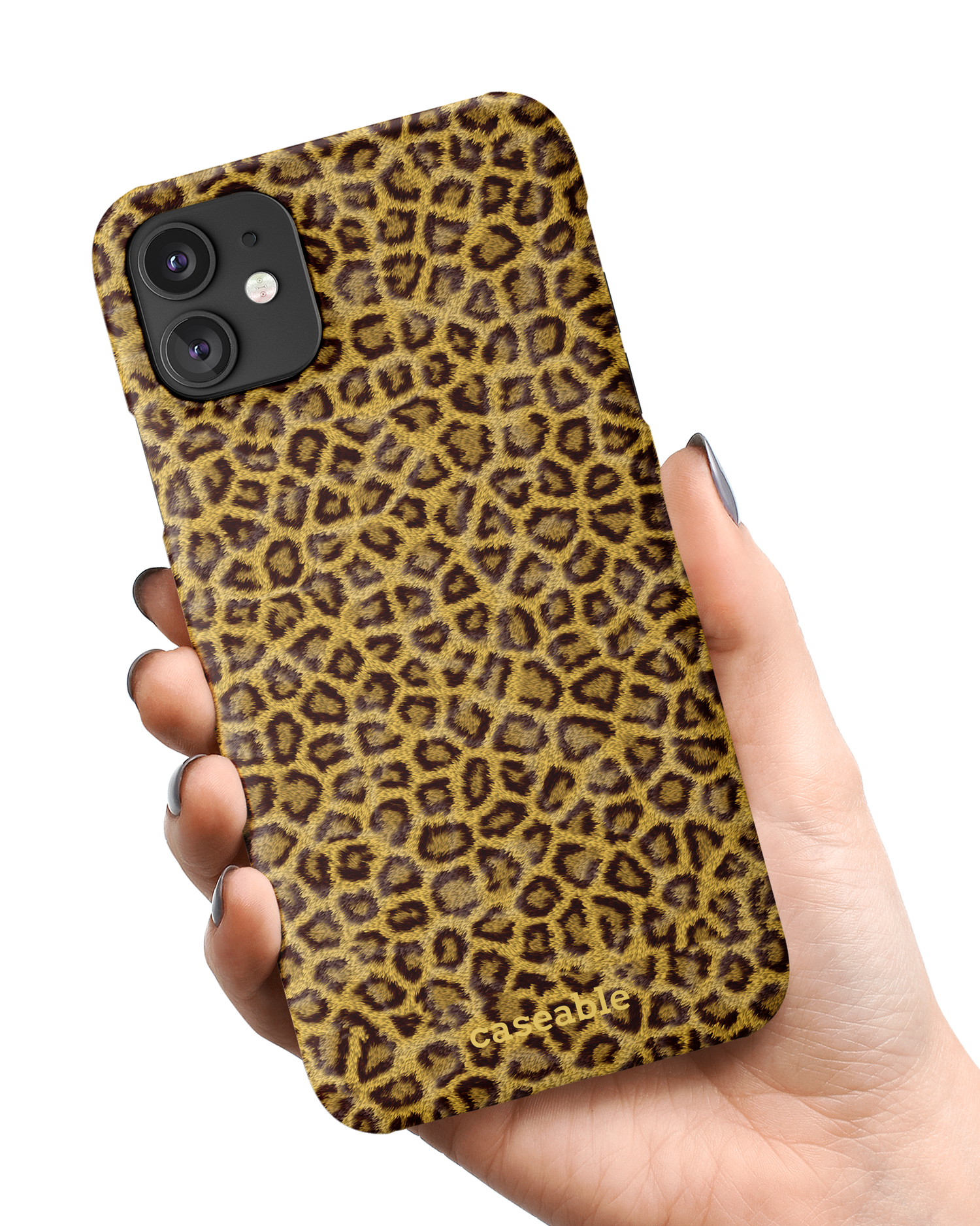 Leopard Skin Hard Shell Phone Case Apple iPhone 11 held in hand